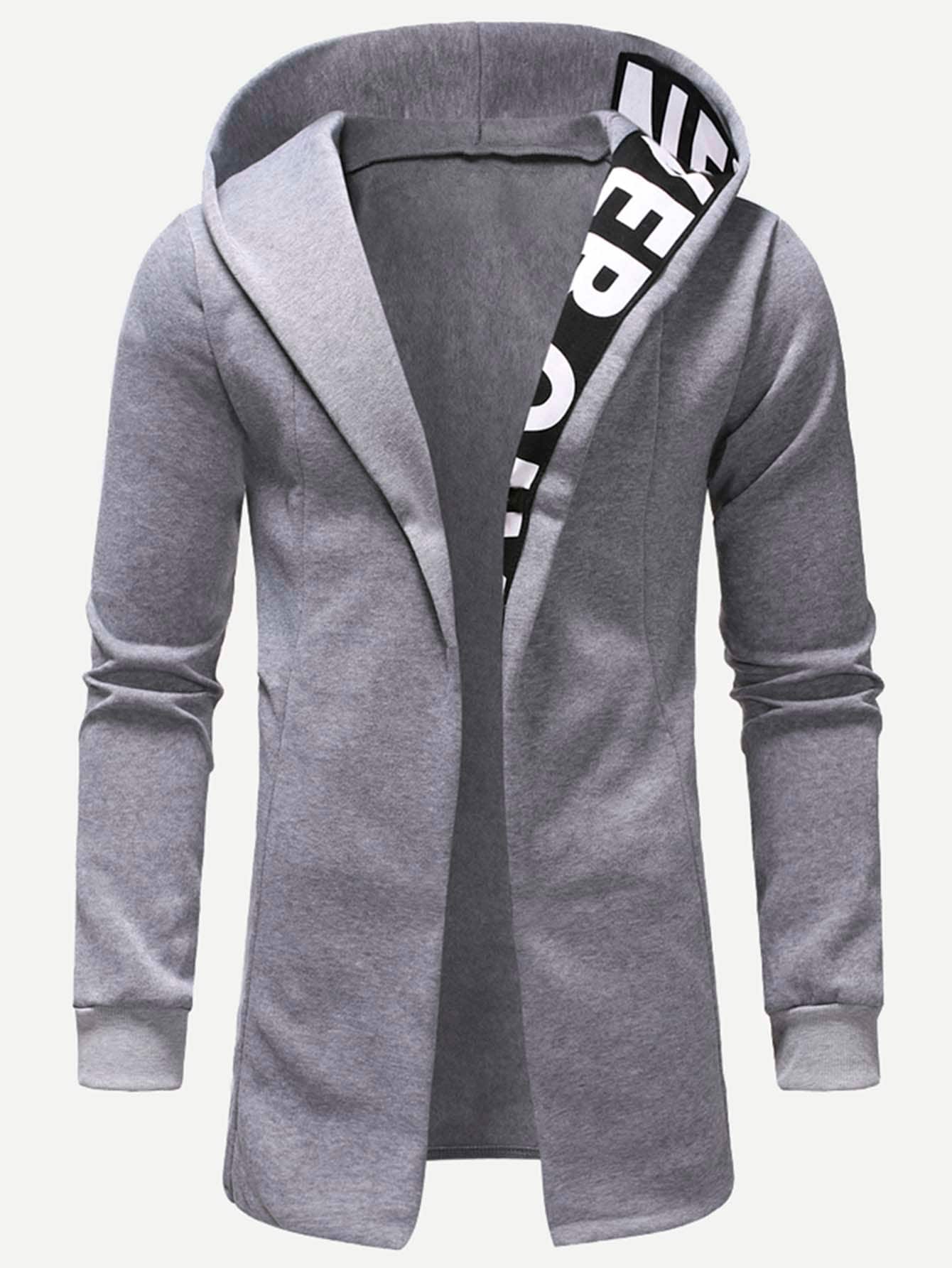 Grey Long Sleeve Letter Print Open Front Hoodie