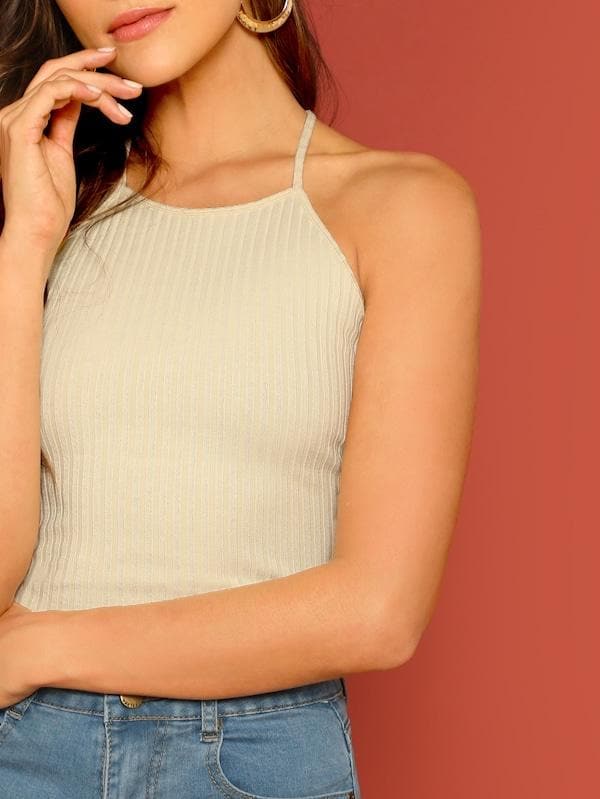 Backless Lace-up Open Back Rib-knit Halter Crop Top