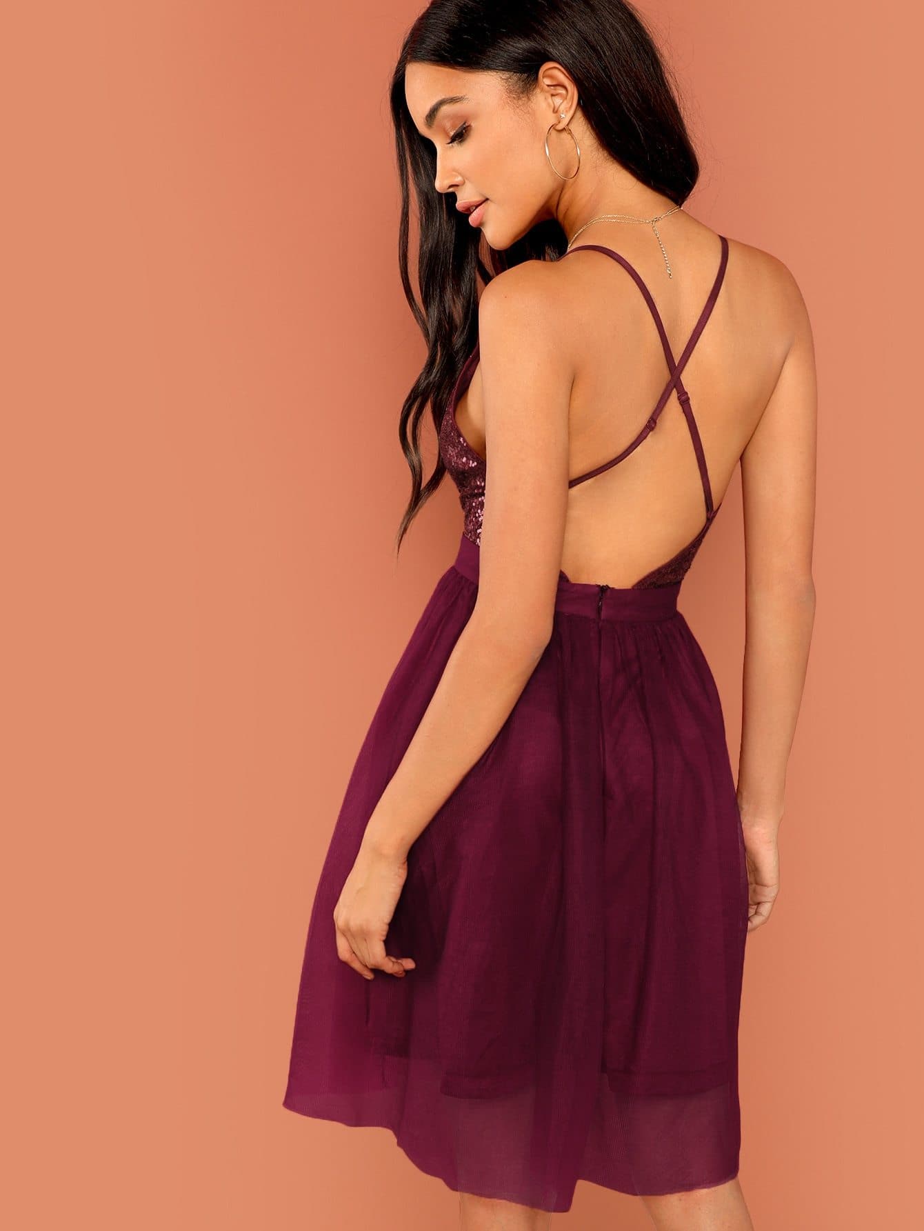 Sequin Detail Mesh 100% Polyester Sleeveless Halter Dress