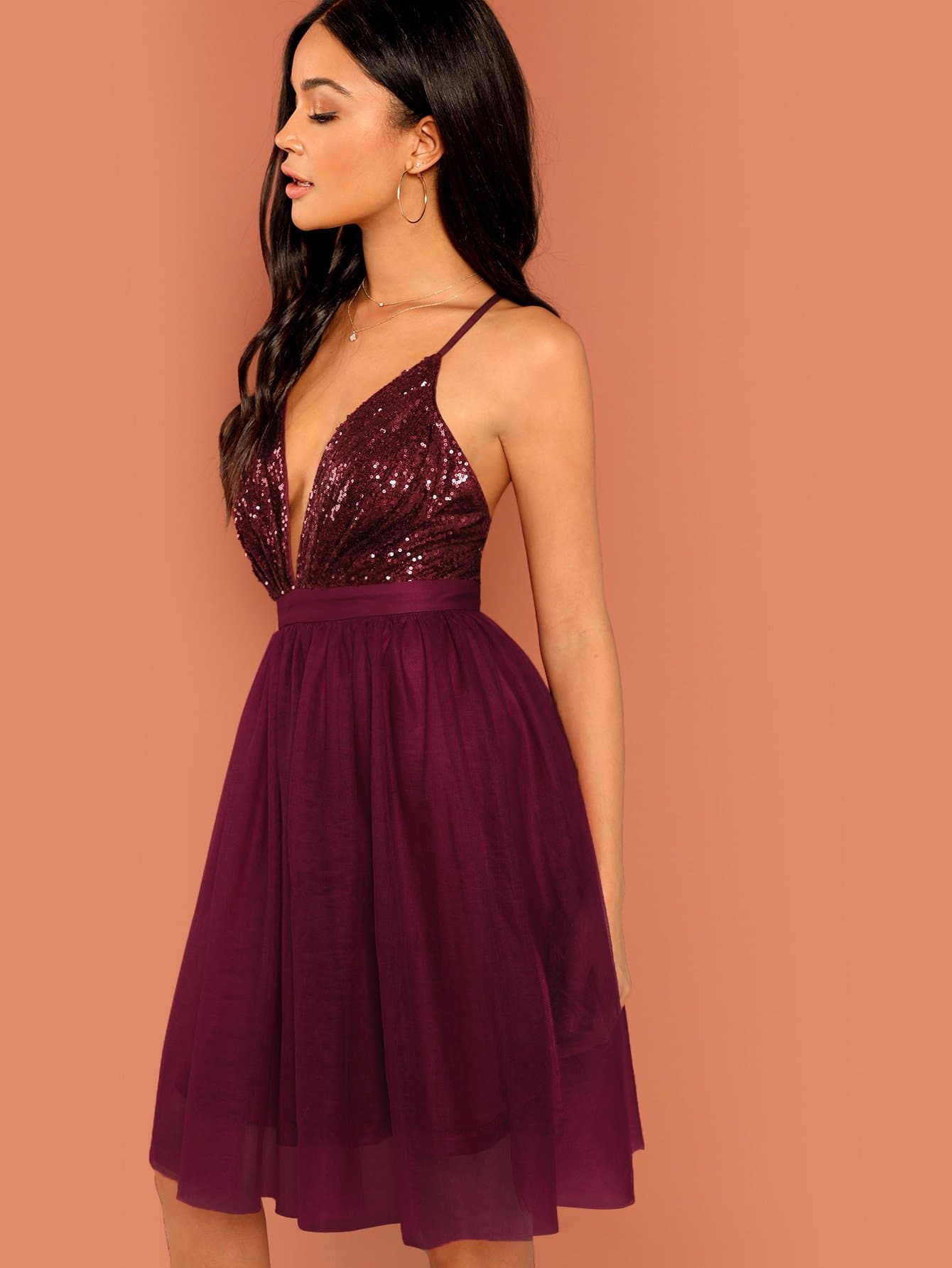 Sequin Detail Mesh 100% Polyester Sleeveless Halter Dress