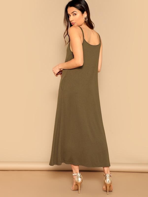 Sleeveless Spaghetti Strap Pocket Patched Swing Cami Dress