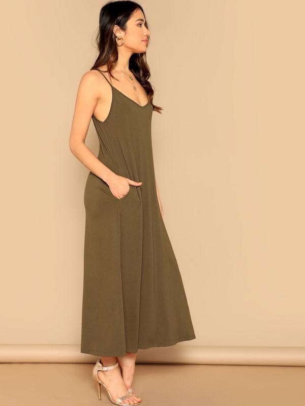 Sleeveless Spaghetti Strap Pocket Patched Swing Cami Dress