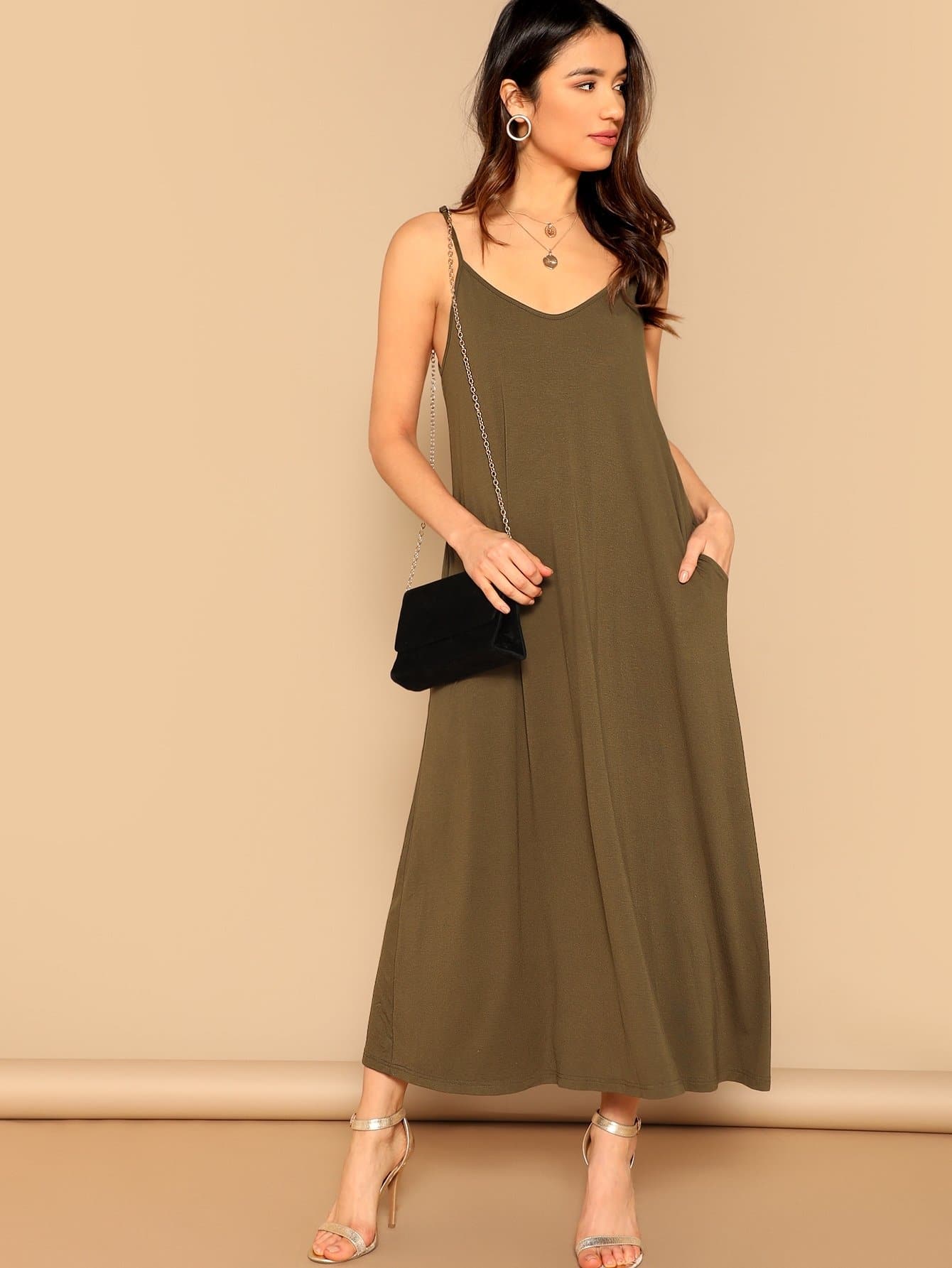 Sleeveless Spaghetti Strap Pocket Patched Swing Cami Dress
