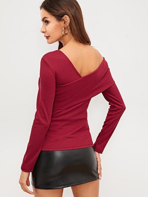 Slim Fit Foldover Asymmetrical Neck Solid Tee Top