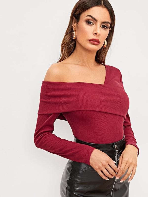 Slim Fit Foldover Asymmetrical Neck Solid Tee Top