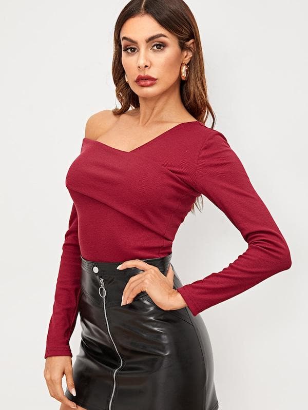 Slim Fit Foldover Asymmetrical Neck Solid Tee Top
