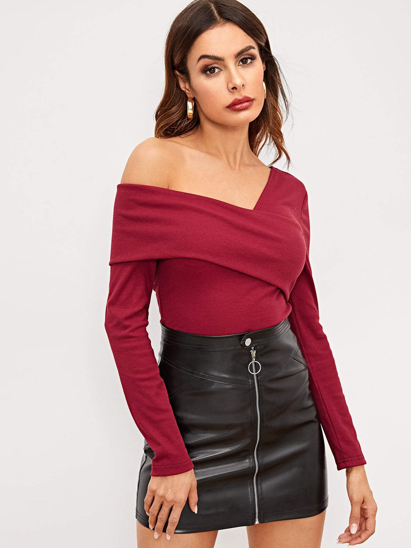 Slim Fit Foldover Asymmetrical Neck Solid Tee Top