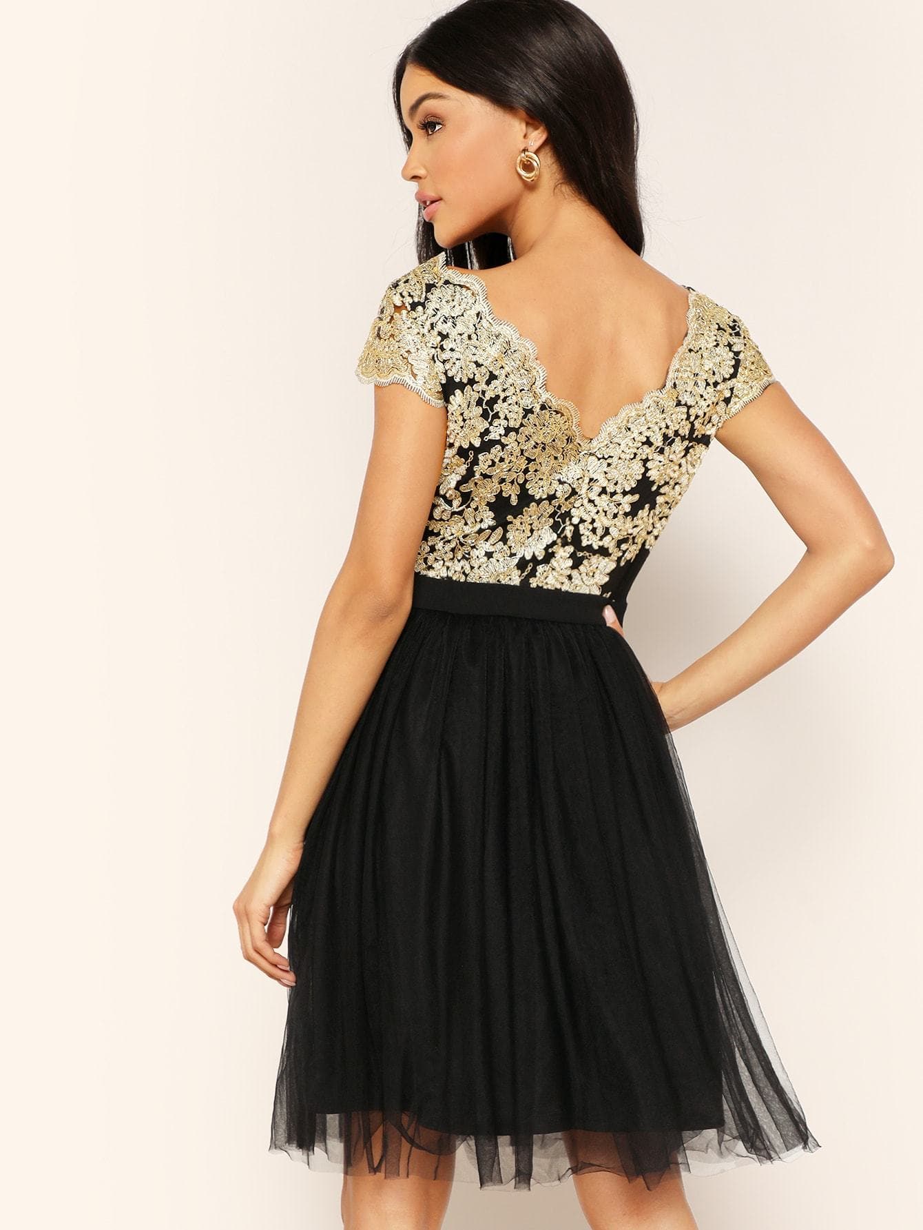 Black V Neck Cap Sleeve Floral Embroidery Mesh Overlay Dress