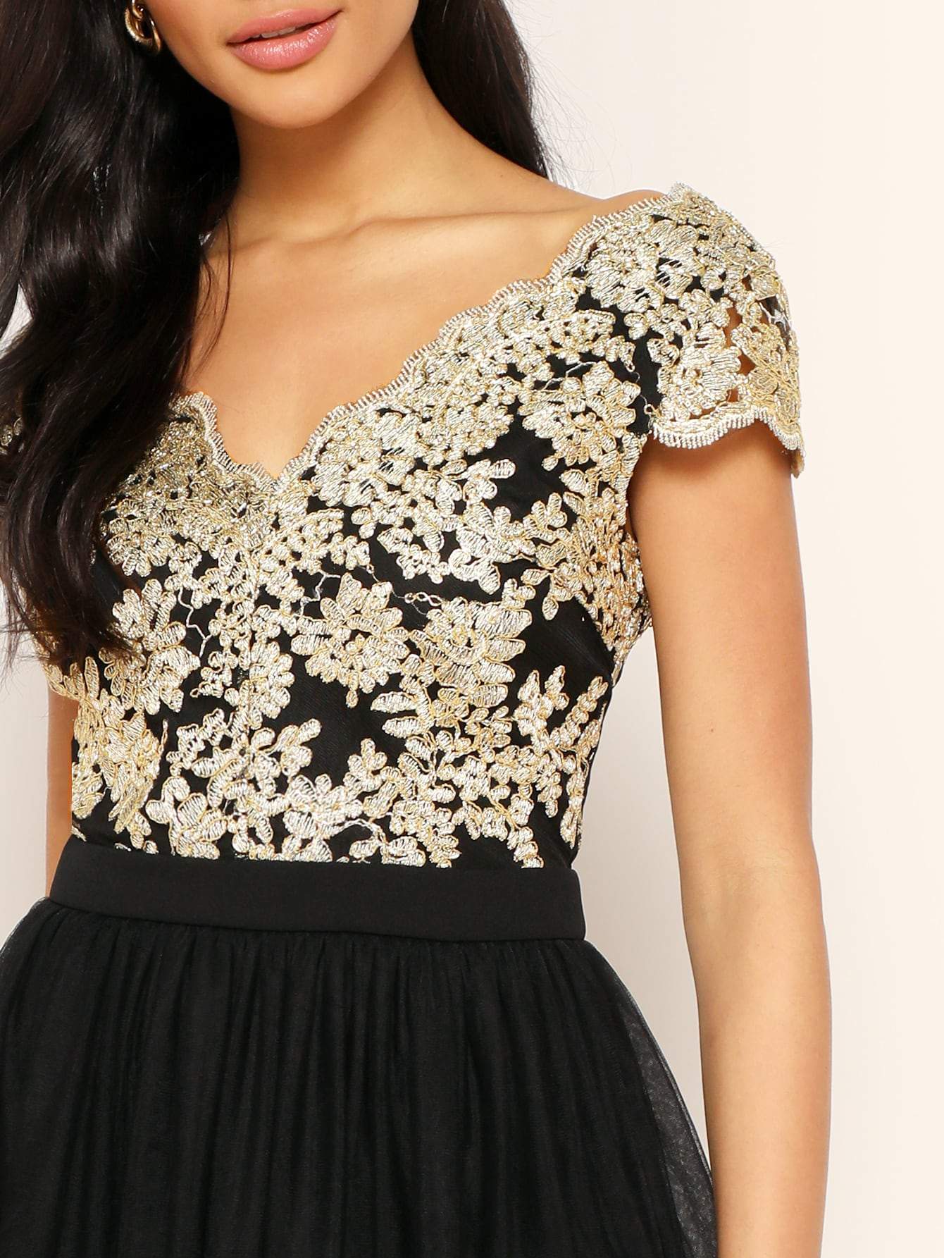 Black V Neck Cap Sleeve Floral Embroidery Mesh Overlay Dress