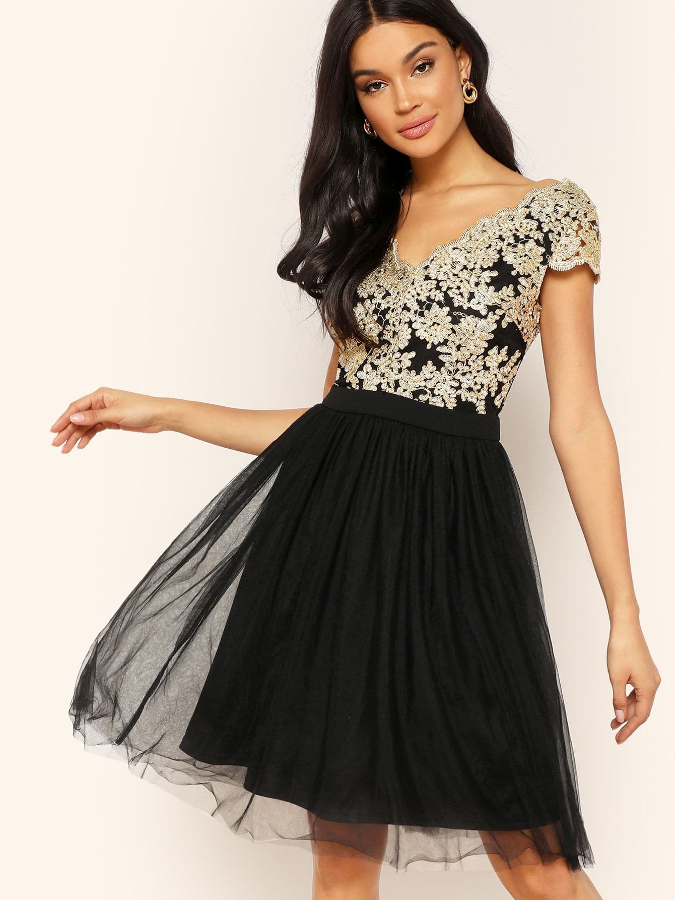 Black V Neck Cap Sleeve Floral Embroidery Mesh Overlay Dress