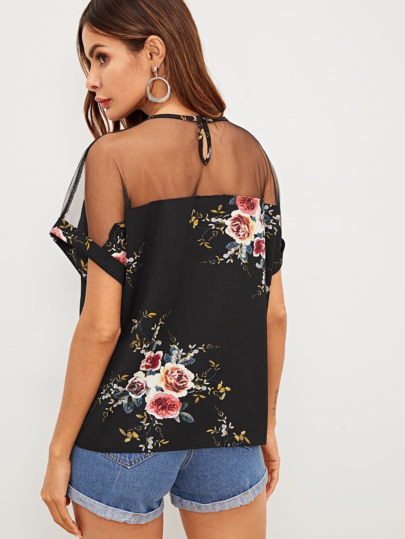 Black Round Neck Mesh Insert Shoulder Flower Print Top