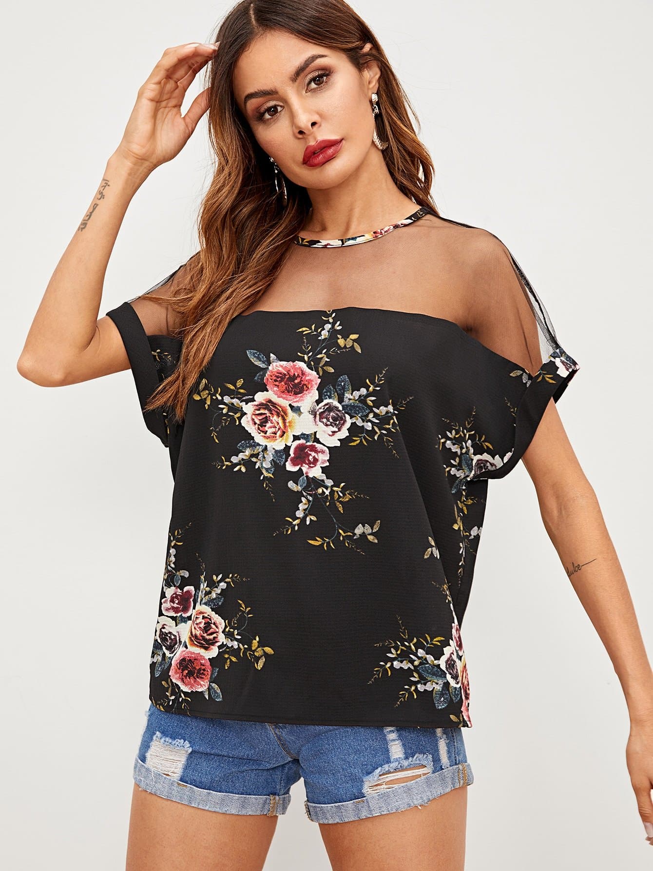 Black Round Neck Mesh Insert Shoulder Flower Print Top