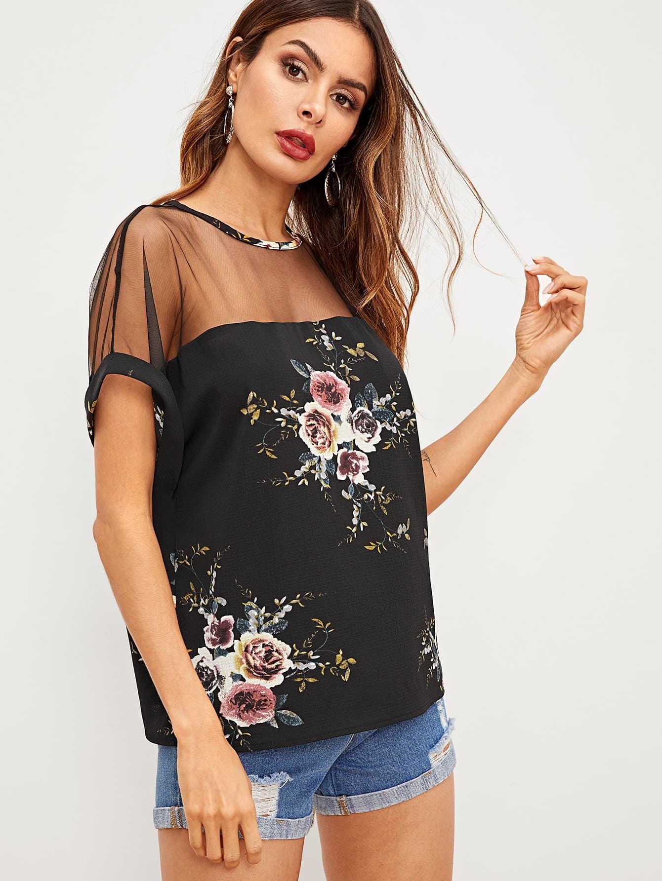 Black Round Neck Mesh Insert Shoulder Flower Print Top