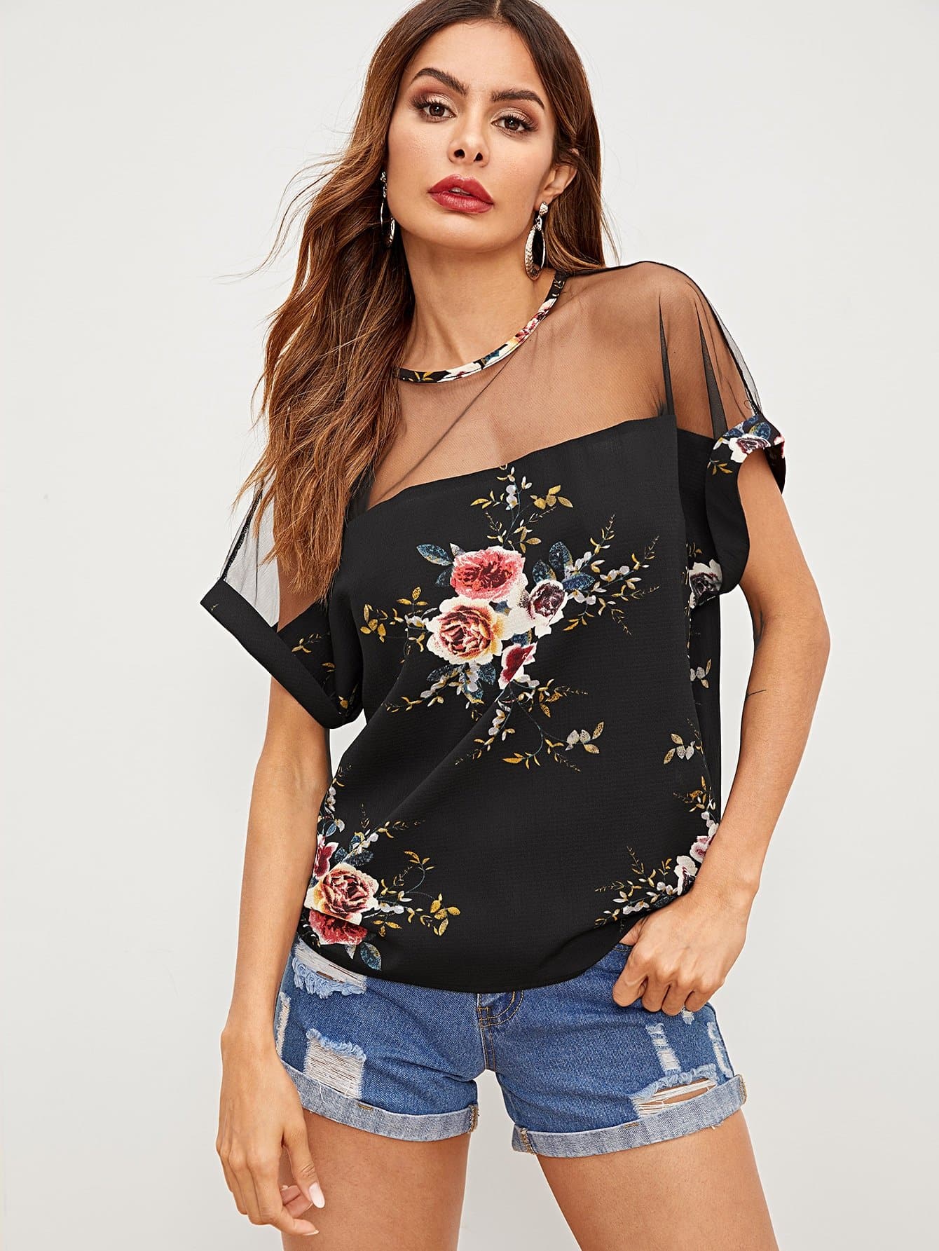 Black Round Neck Mesh Insert Shoulder Flower Print Top