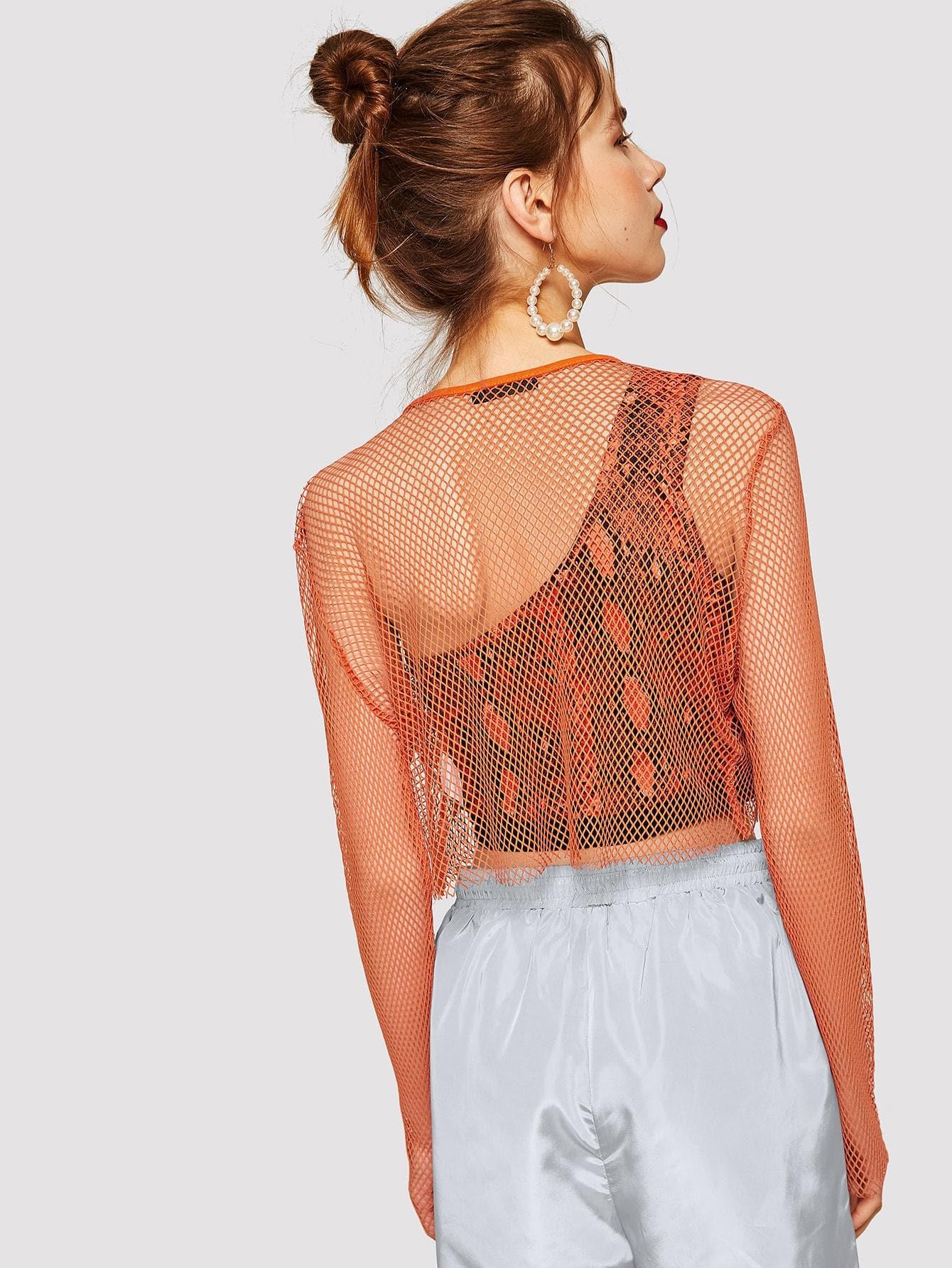Orange Round Neck Long Sleeve Solid Fishnet Mesh Sheer Crop Top