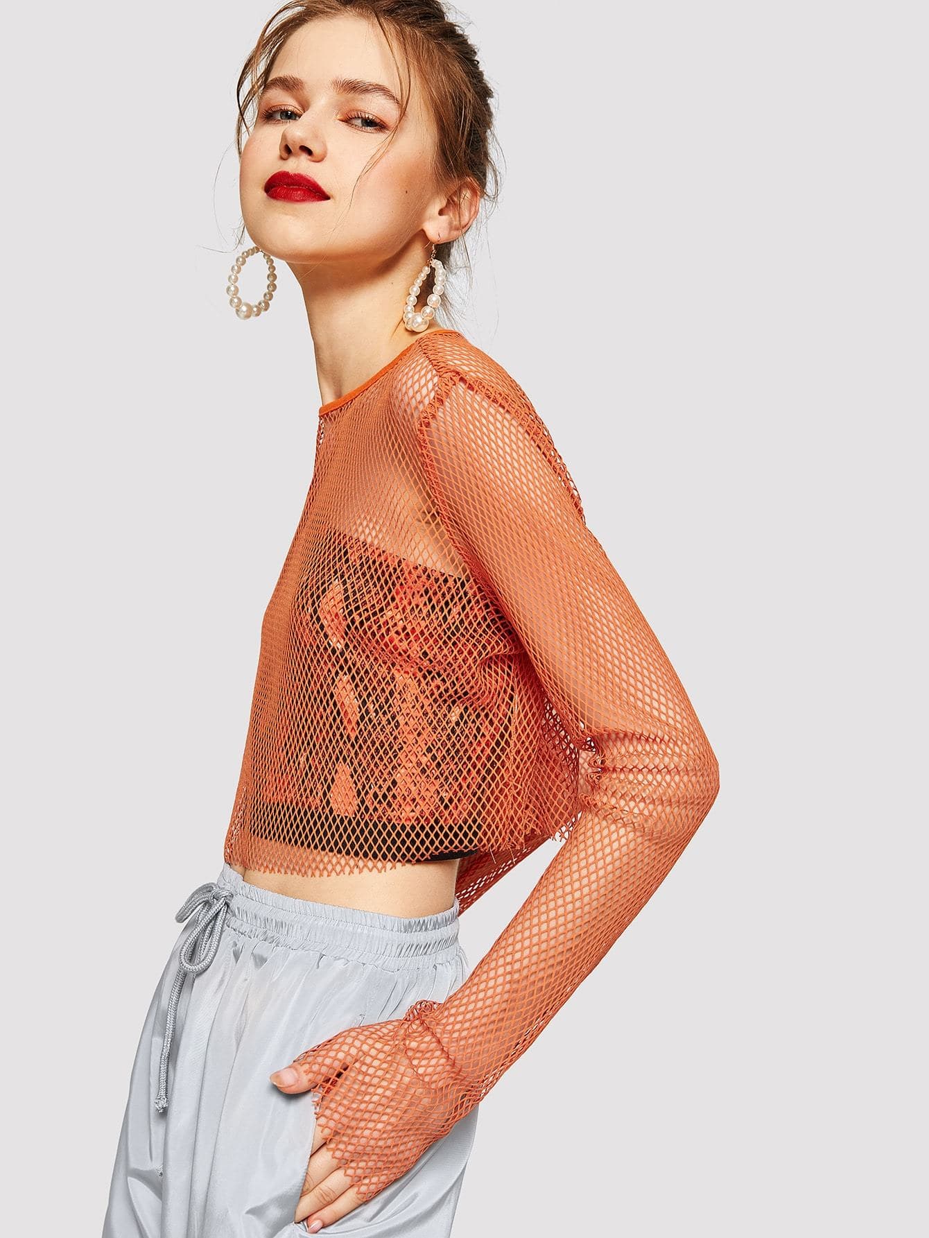 Orange Round Neck Long Sleeve Solid Fishnet Mesh Sheer Crop Top