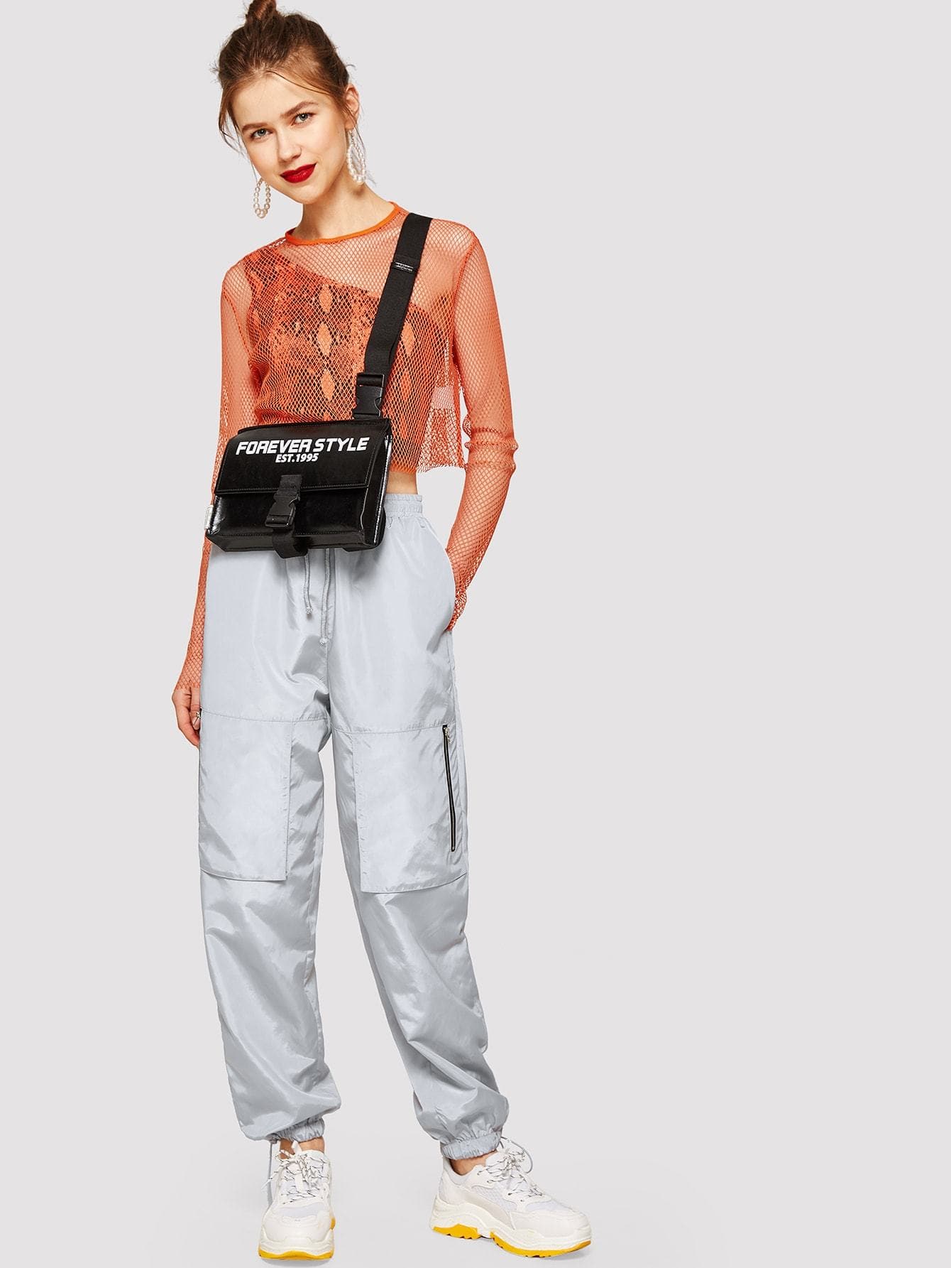 Orange Round Neck Long Sleeve Solid Fishnet Mesh Sheer Crop Top