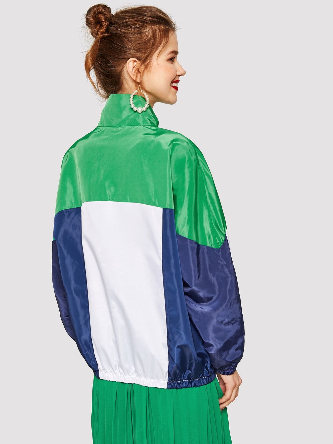 Polyester High Neck Zip Up Cut-and-Sew Elastic Hem Jacket