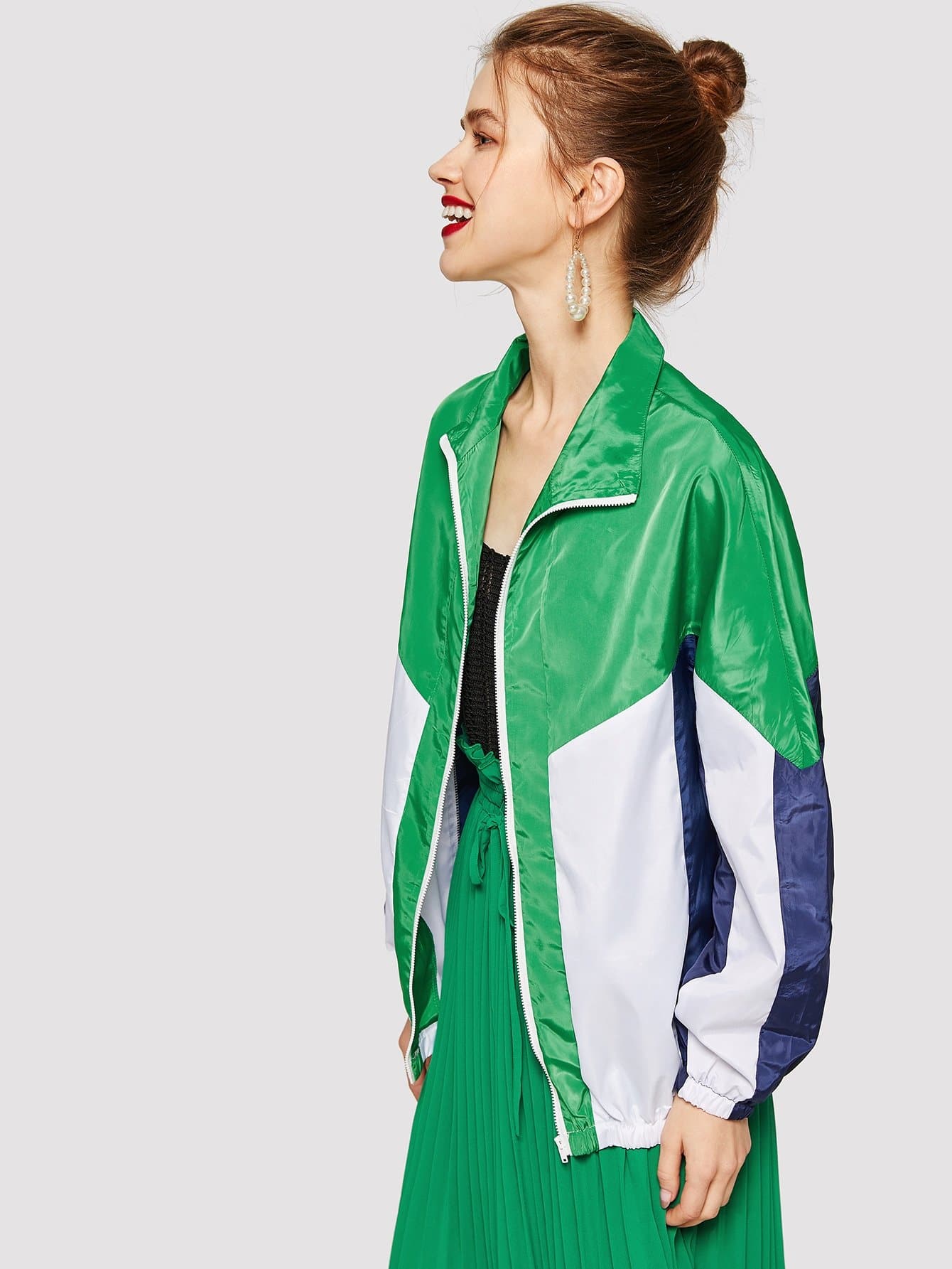Polyester High Neck Zip Up Cut-and-Sew Elastic Hem Jacket