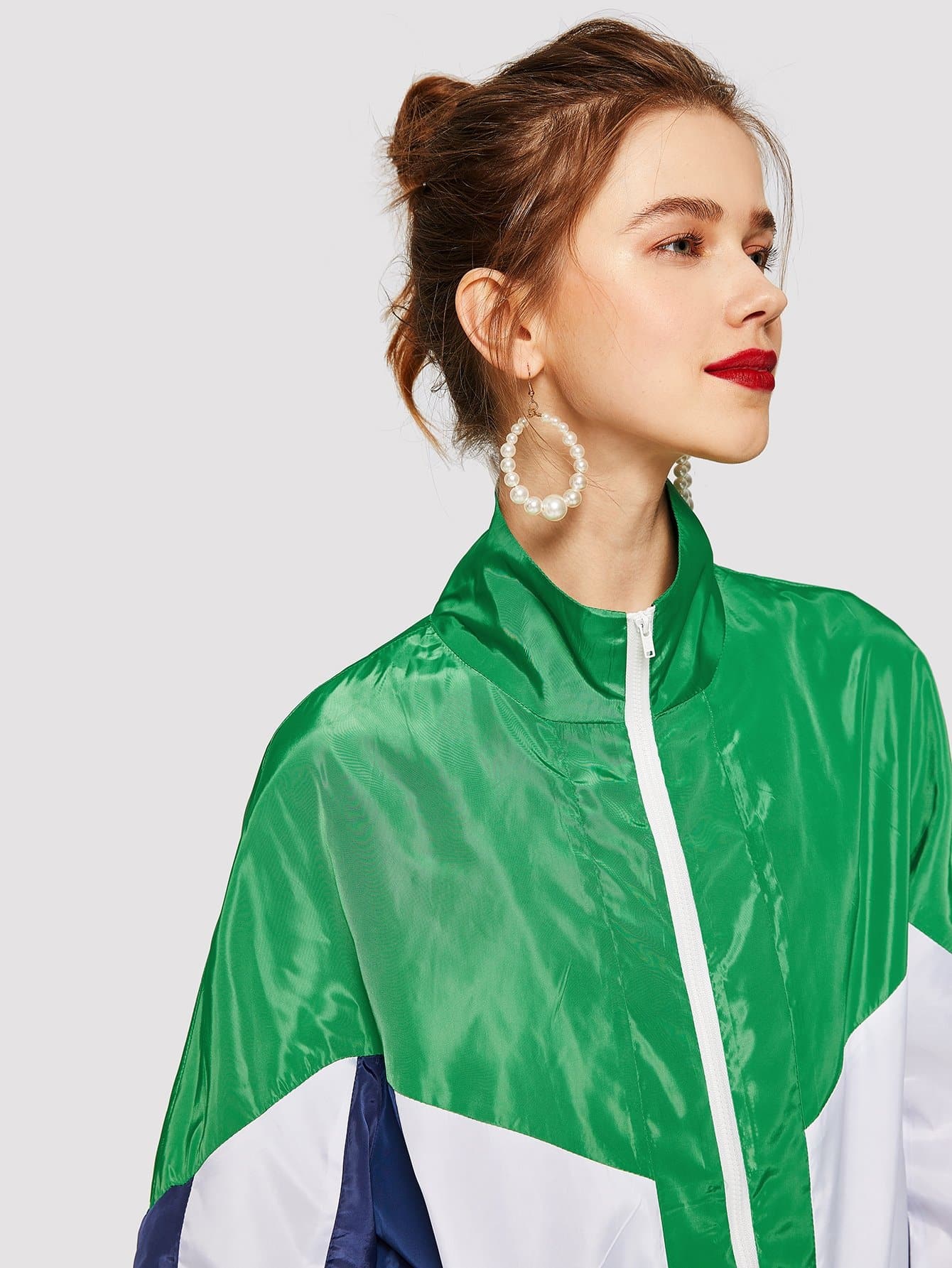 Polyester High Neck Zip Up Cut-and-Sew Elastic Hem Jacket