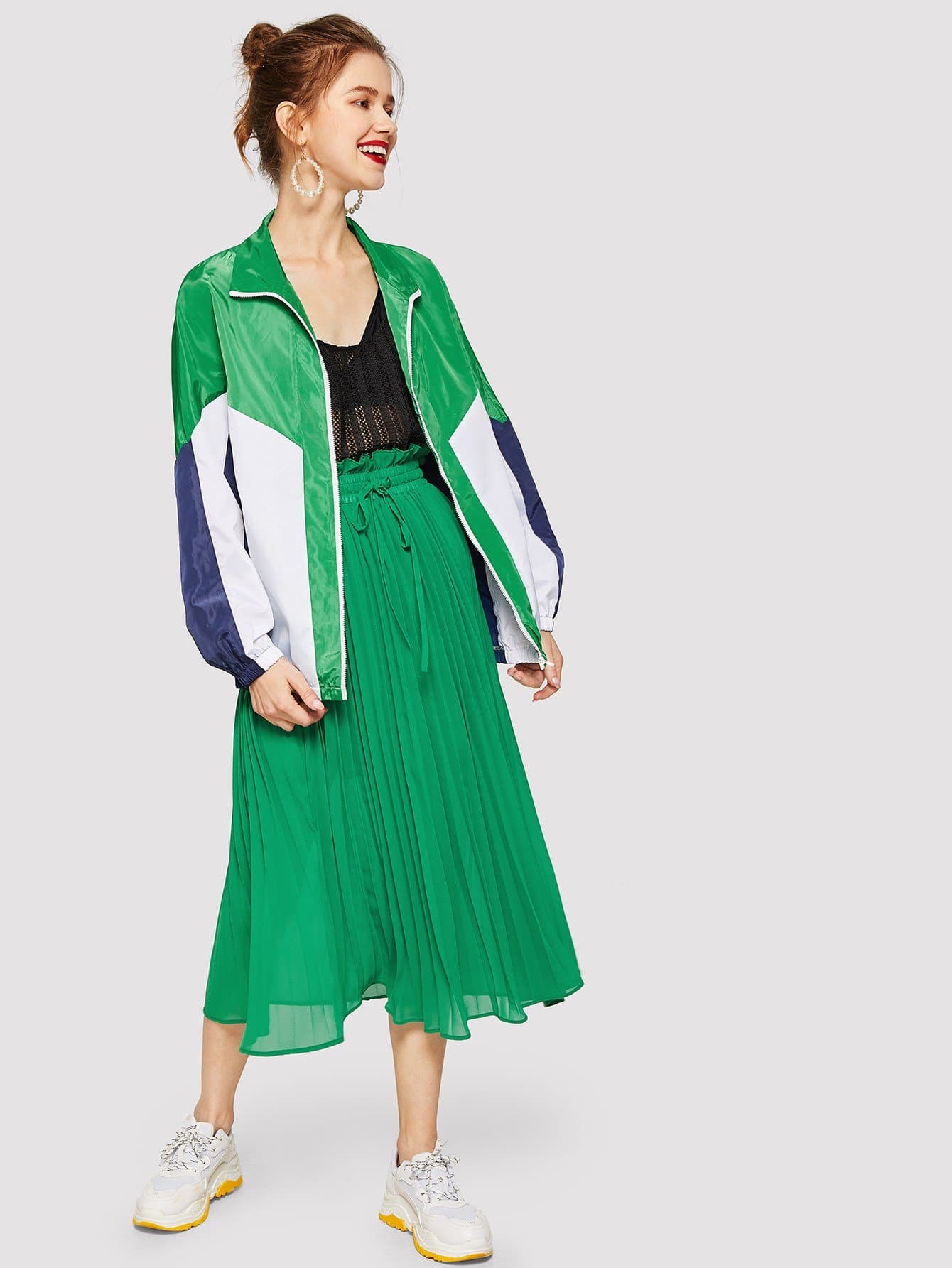 Polyester High Neck Zip Up Cut-and-Sew Elastic Hem Jacket