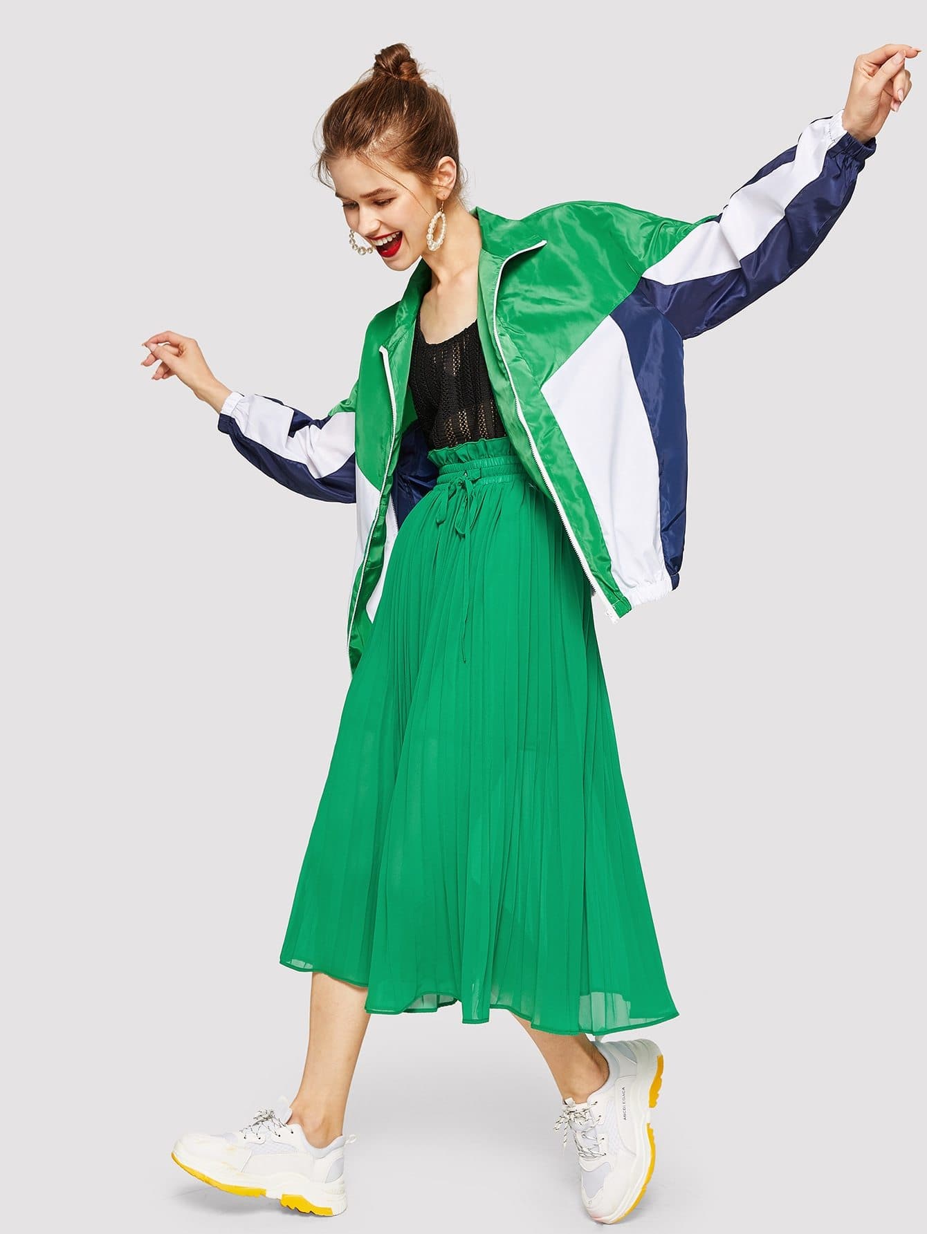 Polyester High Neck Zip Up Cut-and-Sew Elastic Hem Jacket