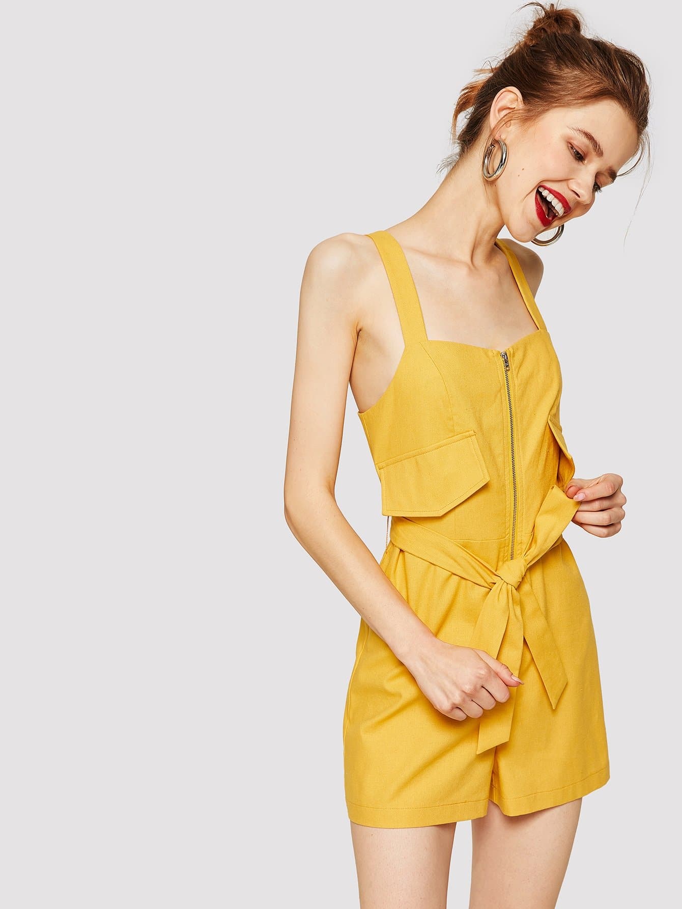 Yellow Sleeveless Solid Zip Up Belted Tank Jumpsuit