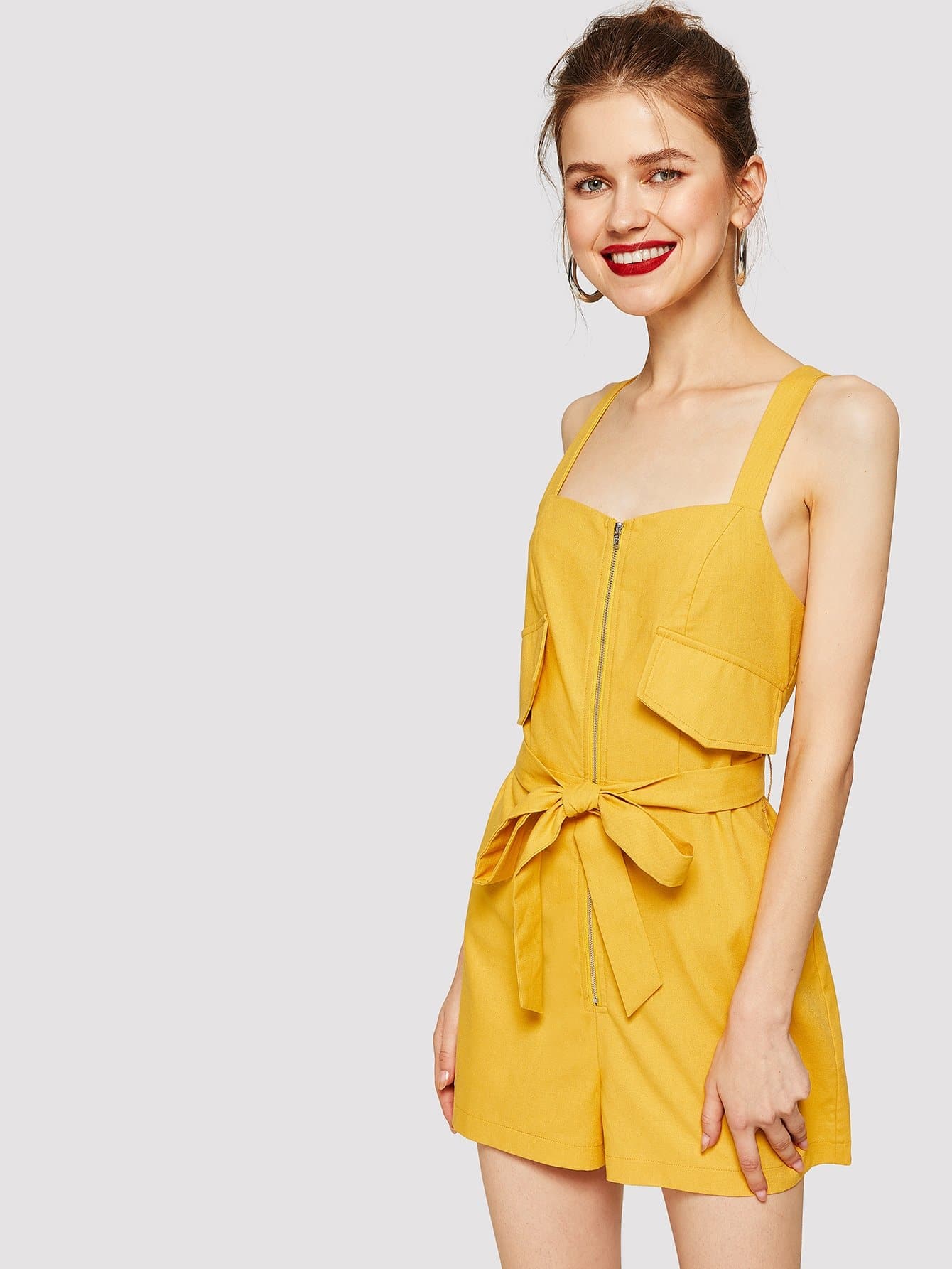 Yellow Sleeveless Solid Zip Up Belted Tank Jumpsuit