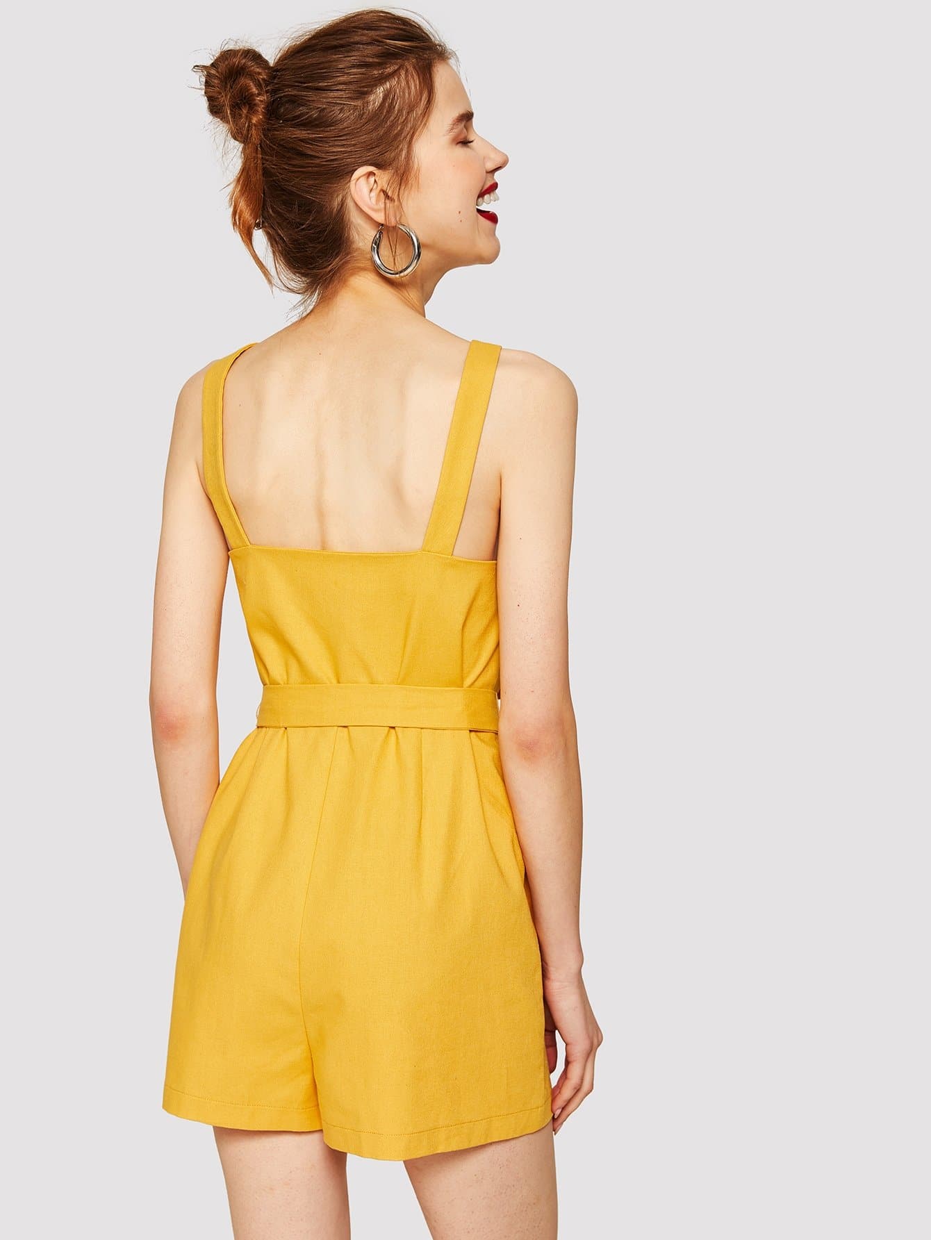 Yellow Sleeveless Solid Zip Up Belted Tank Jumpsuit