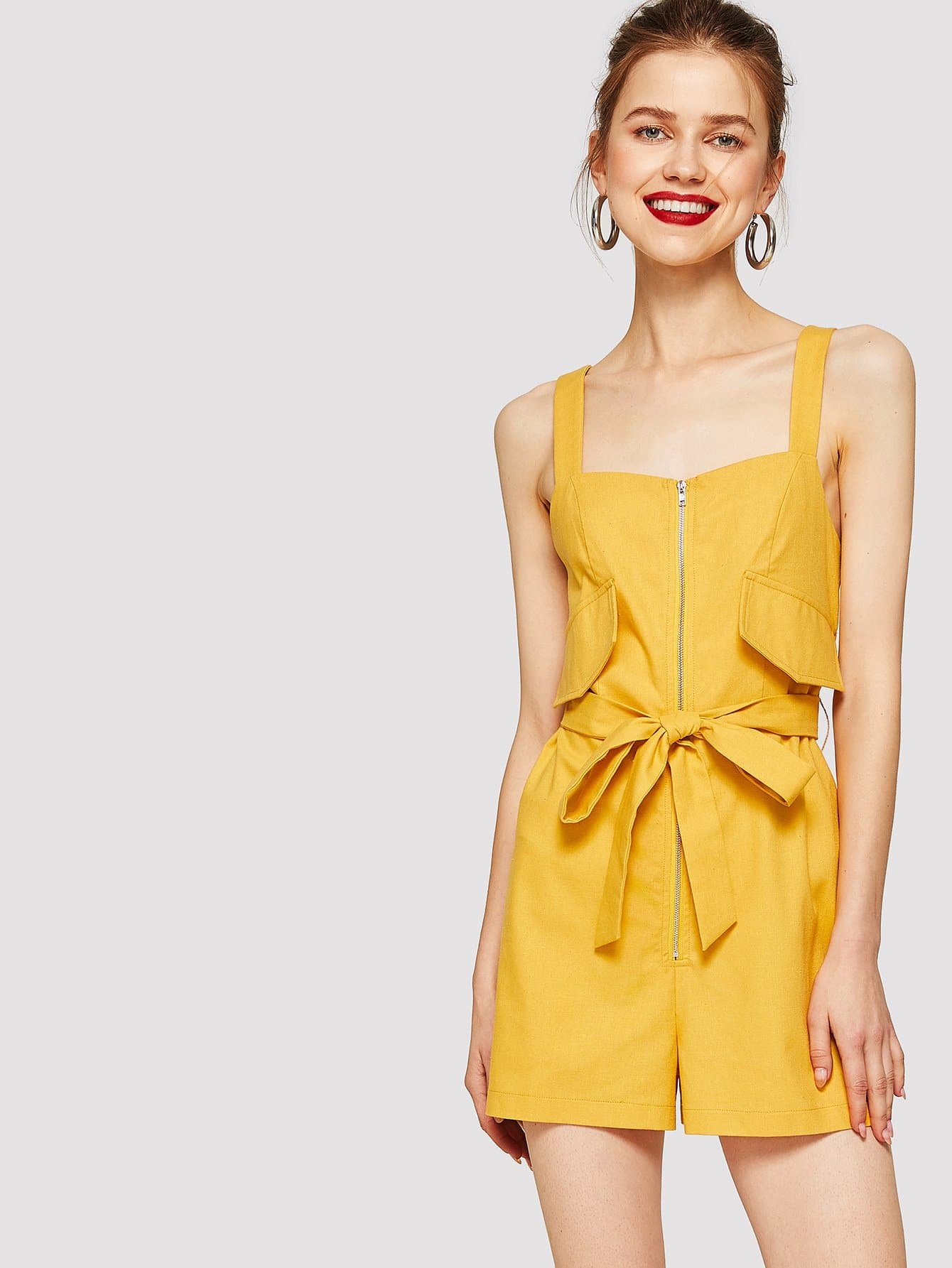 Yellow Sleeveless Solid Zip Up Belted Tank Jumpsuit