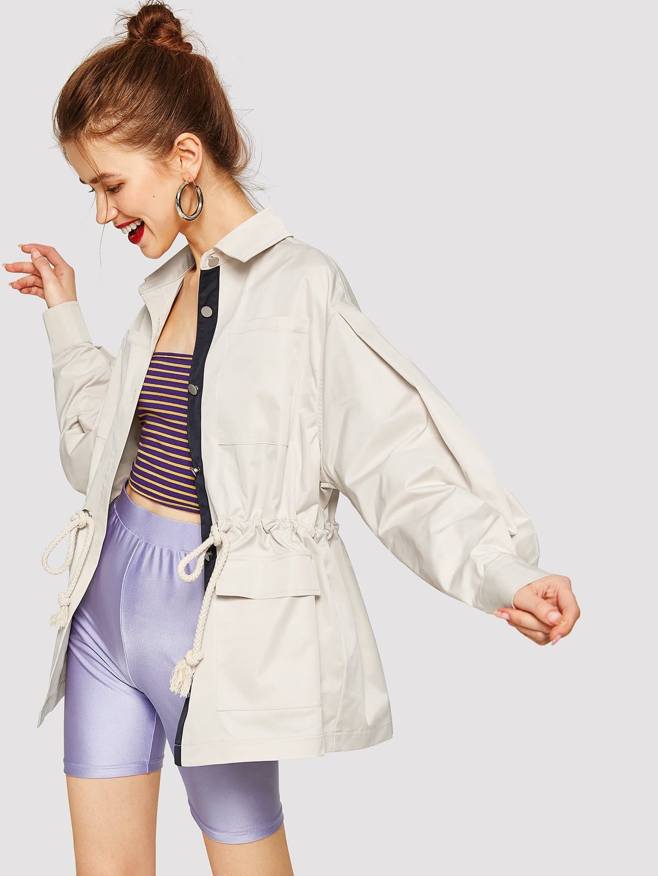 Apricot Polyester Single Breasted Drawstring Waist Flap Pocket Coat