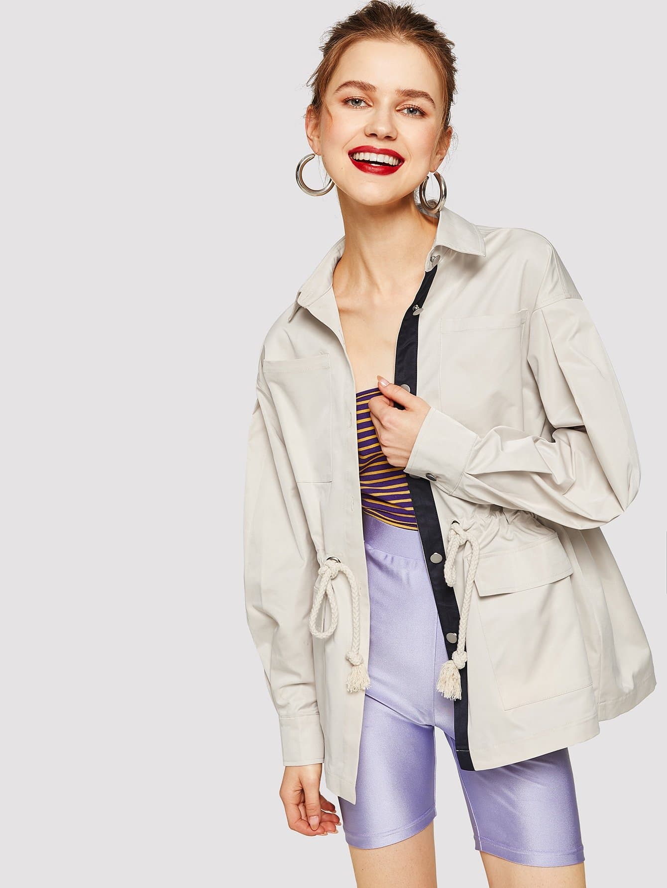 Apricot Polyester Single Breasted Drawstring Waist Flap Pocket Coat