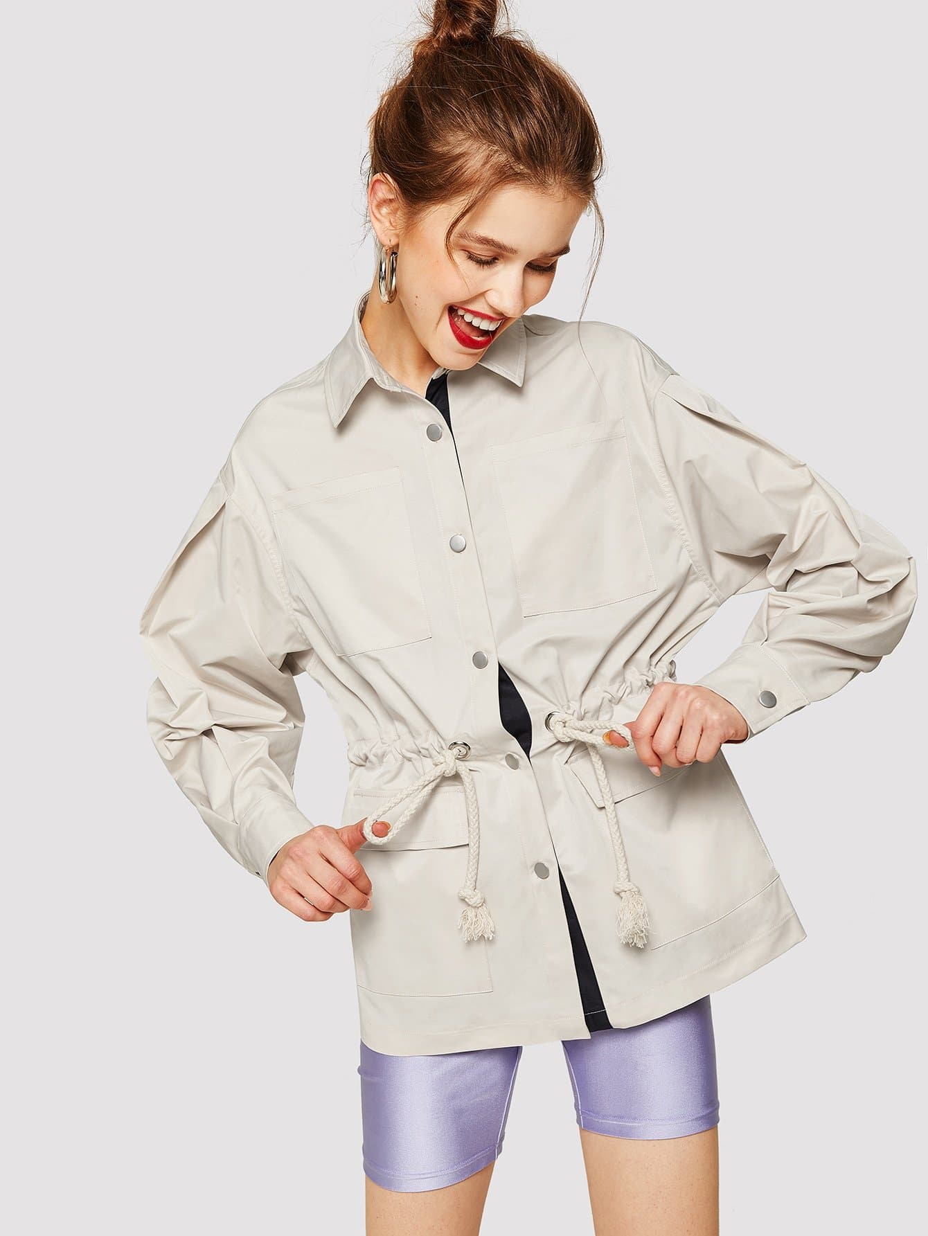 Apricot Polyester Single Breasted Drawstring Waist Flap Pocket Coat