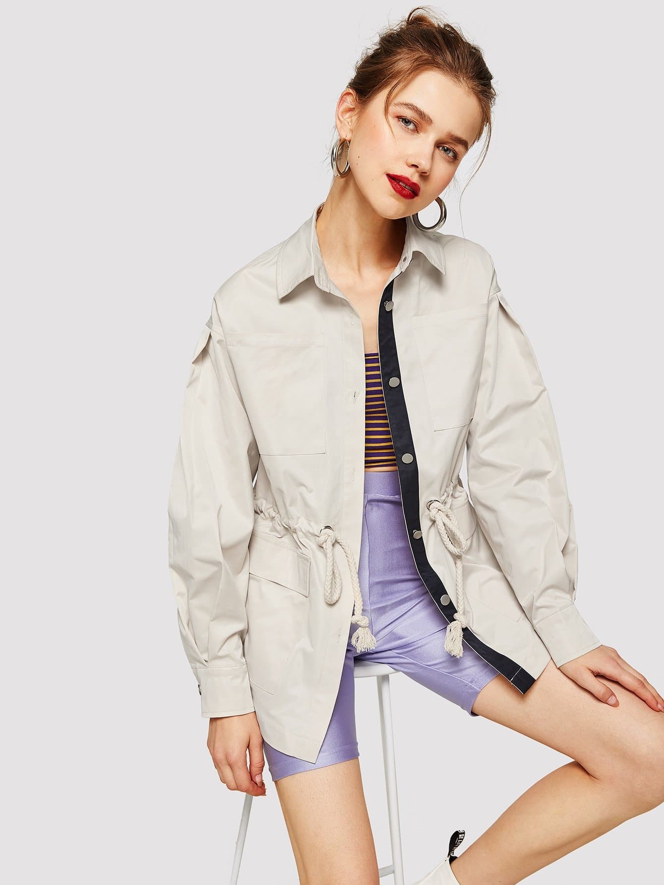 Apricot Polyester Single Breasted Drawstring Waist Flap Pocket Coat