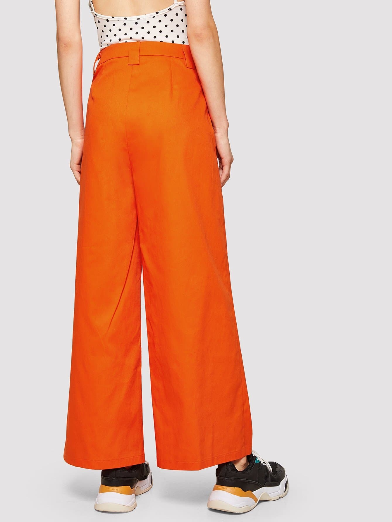 Orange Cotton Buckle Belt Wide Leg Neon Pants