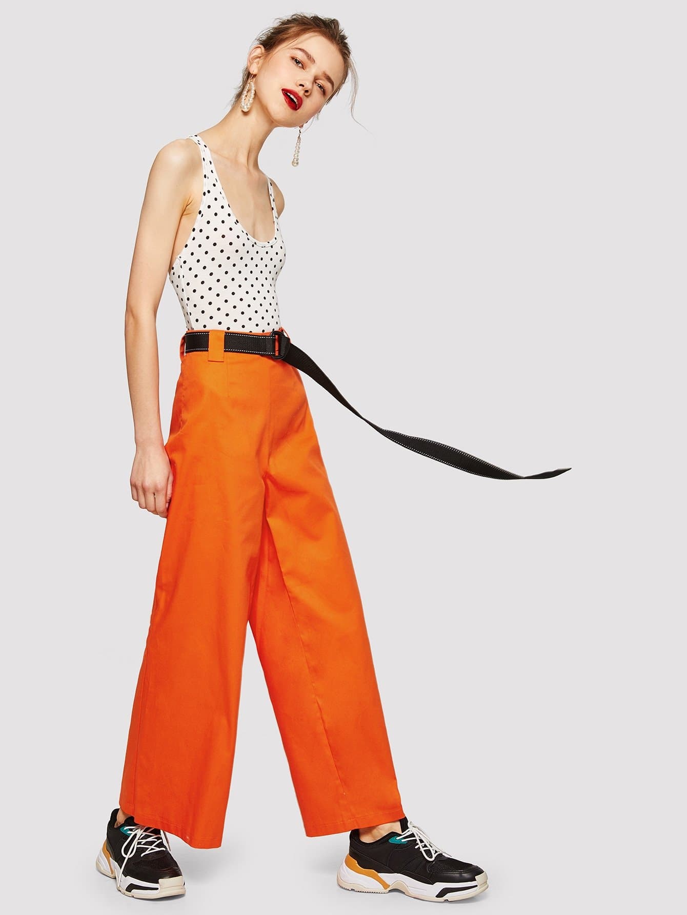 Orange Cotton Buckle Belt Wide Leg Neon Pants