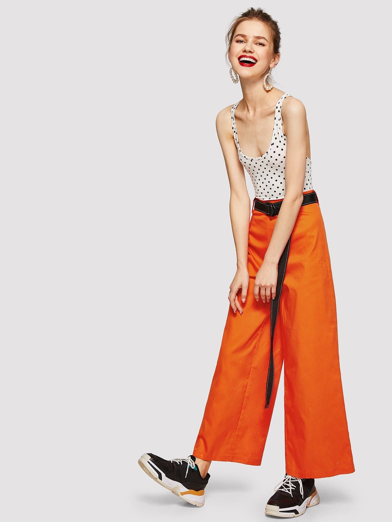 Orange Cotton Buckle Belt Wide Leg Neon Pants
