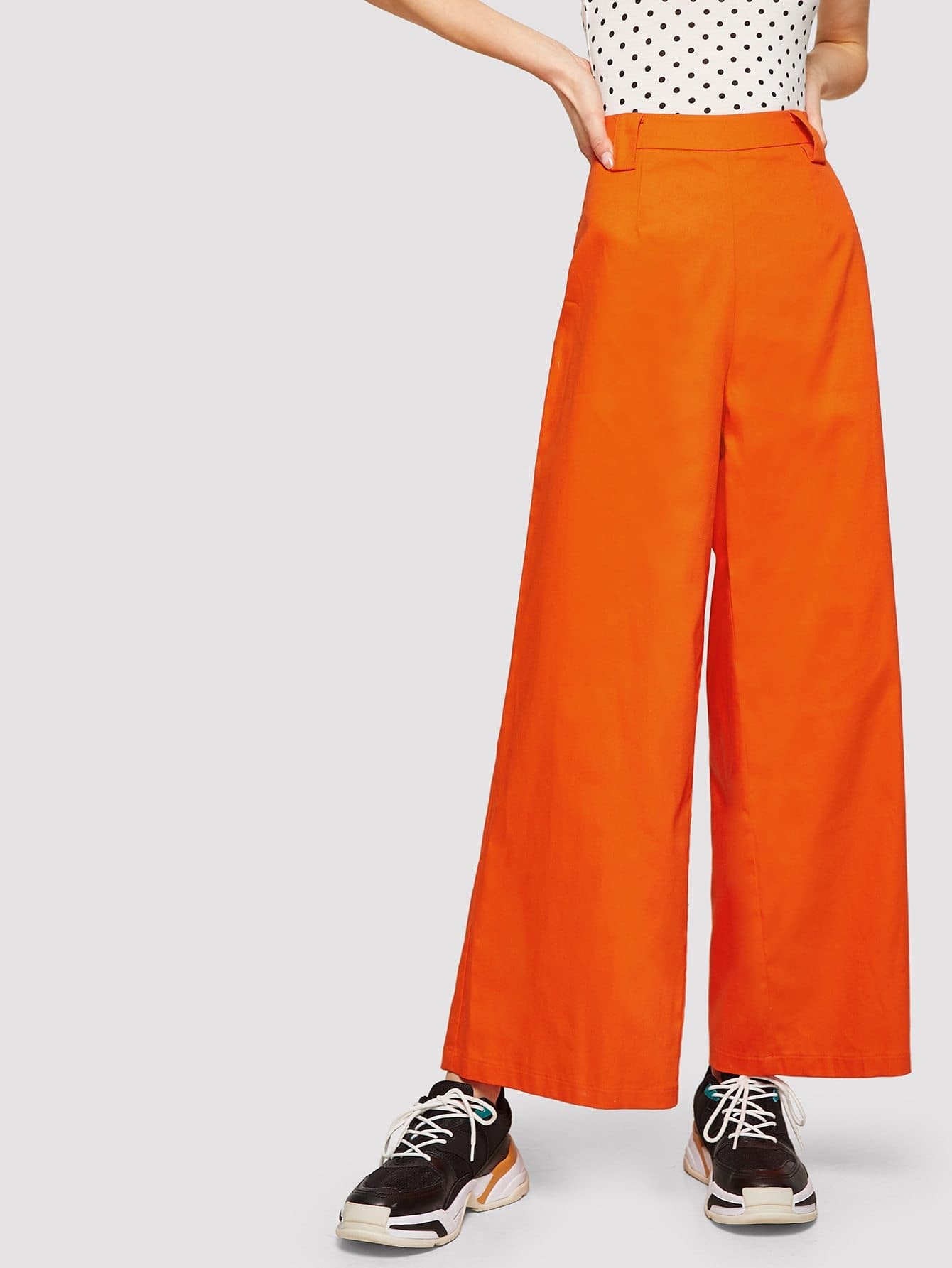 Orange Cotton Buckle Belt Wide Leg Neon Pants