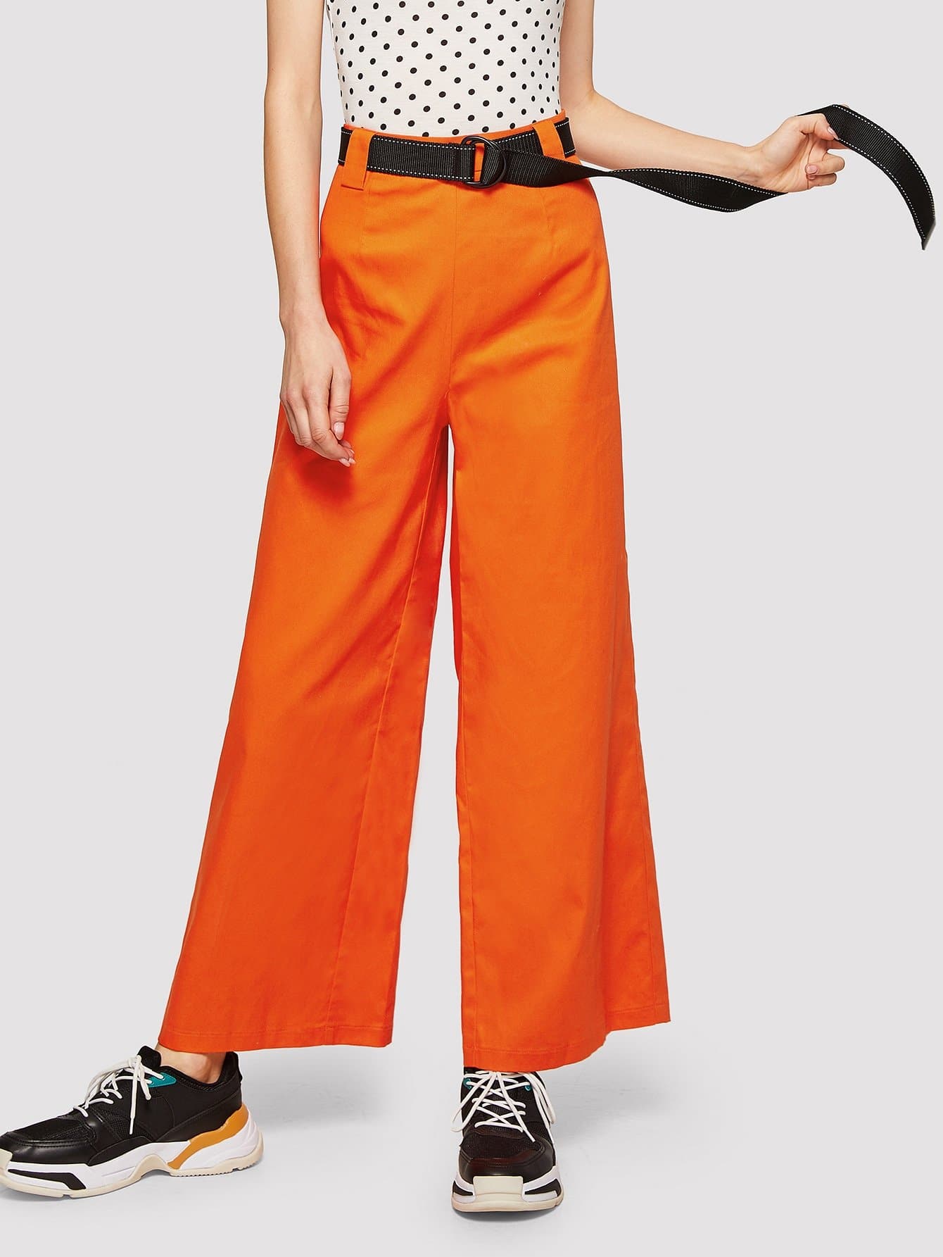 Orange Cotton Buckle Belt Wide Leg Neon Pants