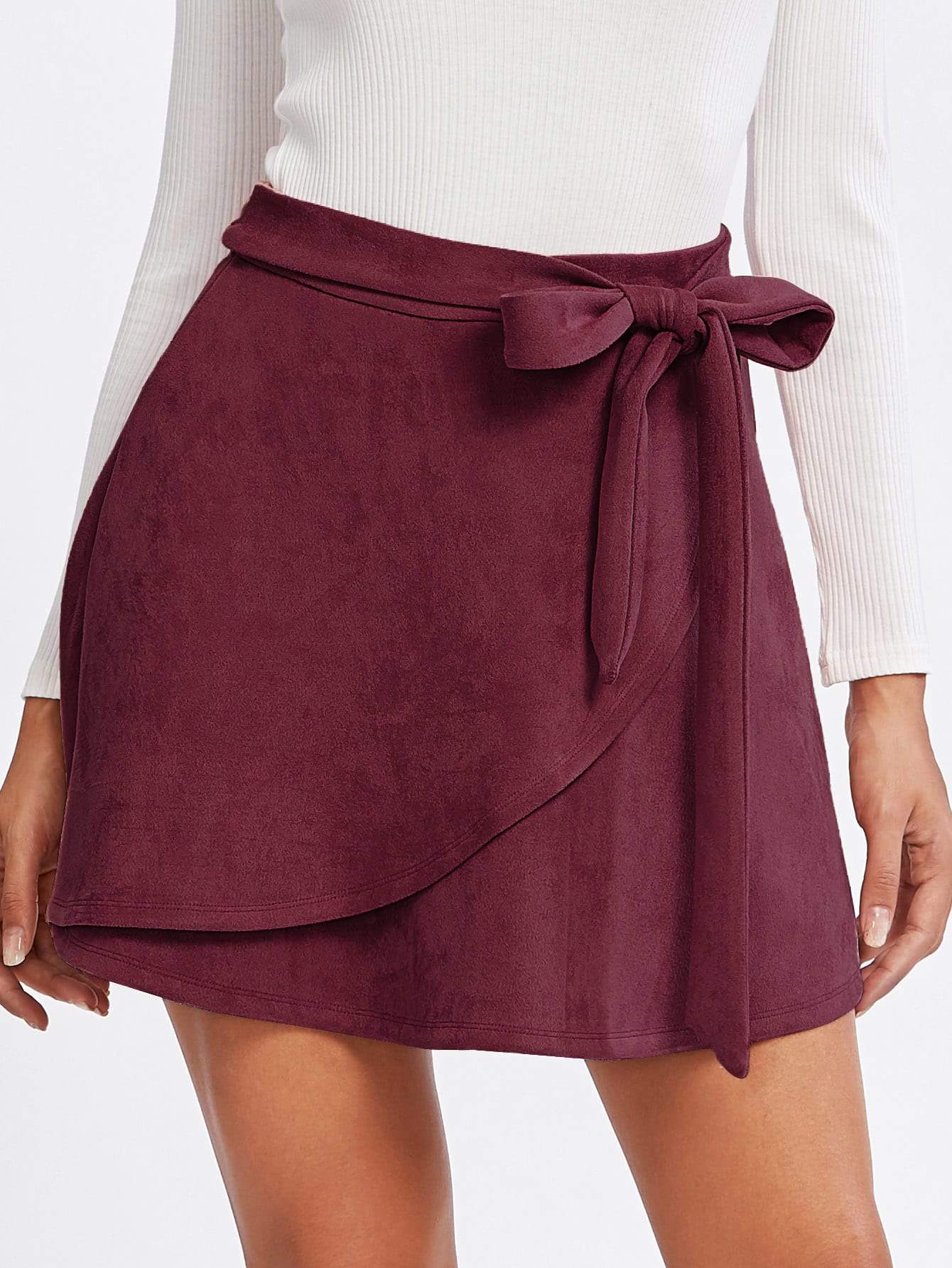 Burgundy Flared Suede Wrap Knotted Skirt