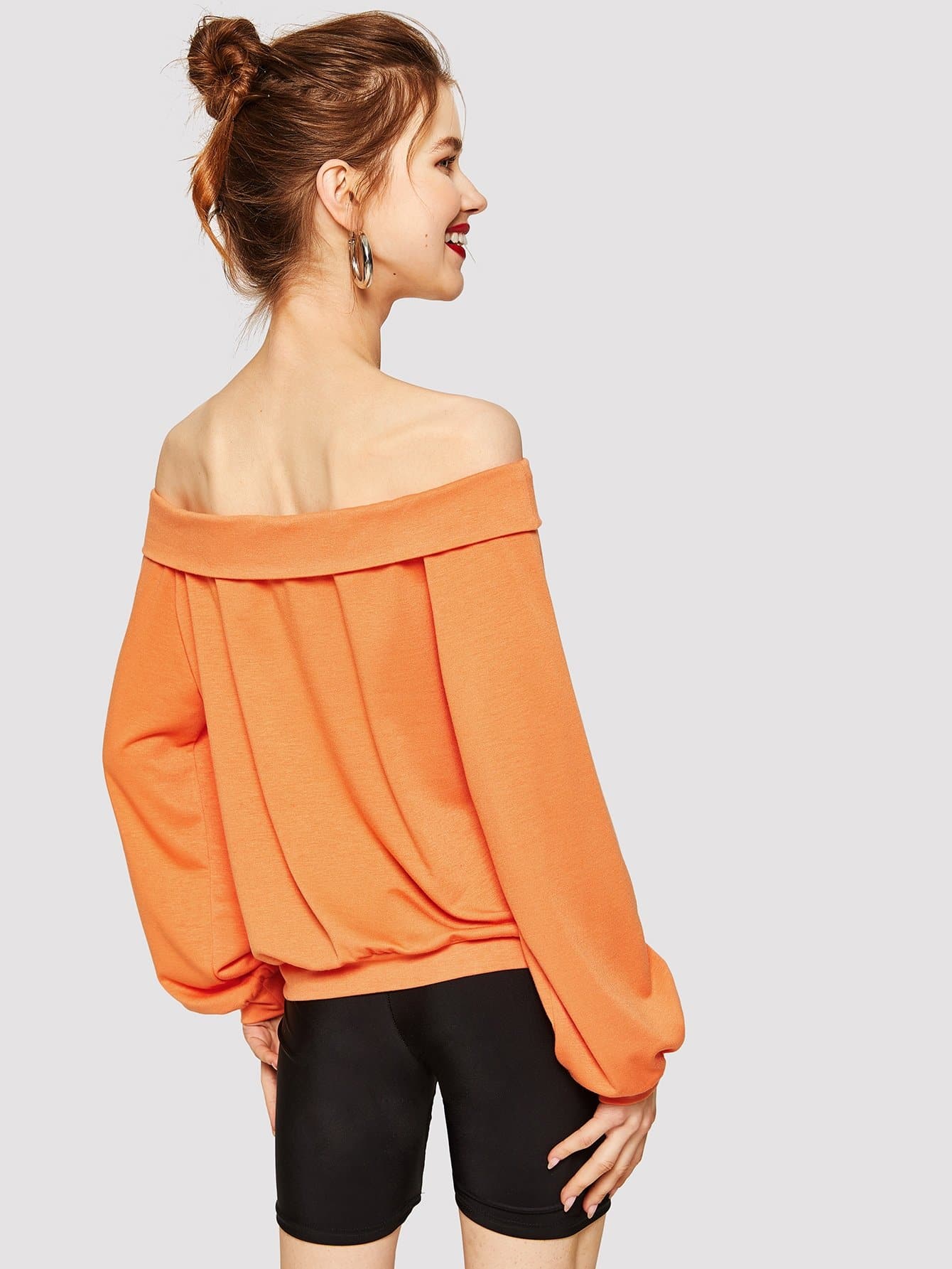 Orange Long Sleeve Off Shoulder Solid Pullover