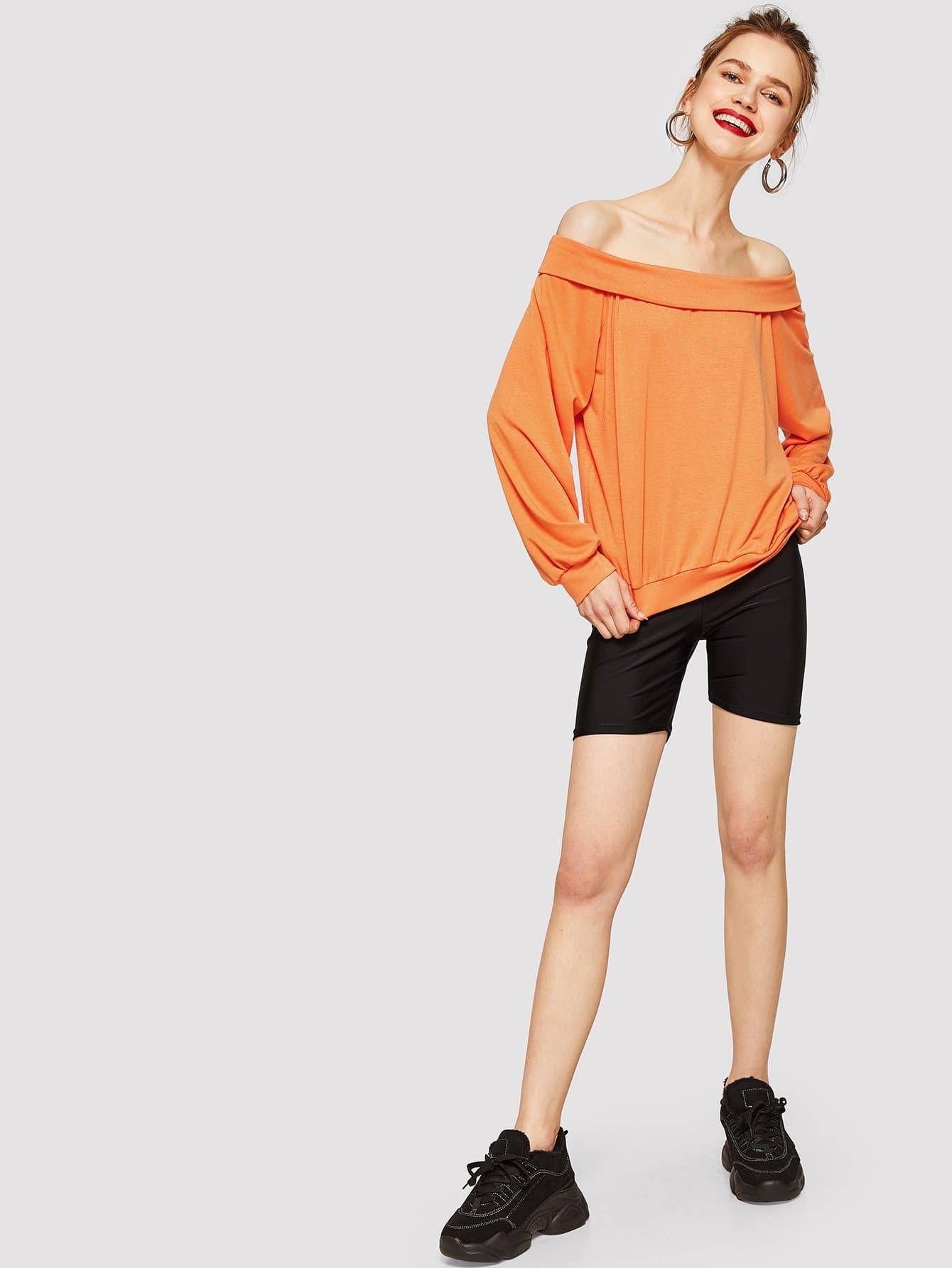Orange Long Sleeve Off Shoulder Solid Pullover