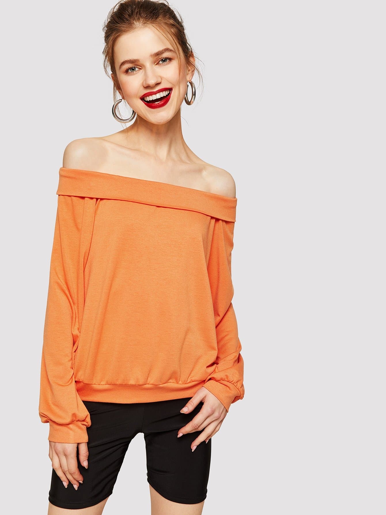 Orange Long Sleeve Off Shoulder Solid Pullover