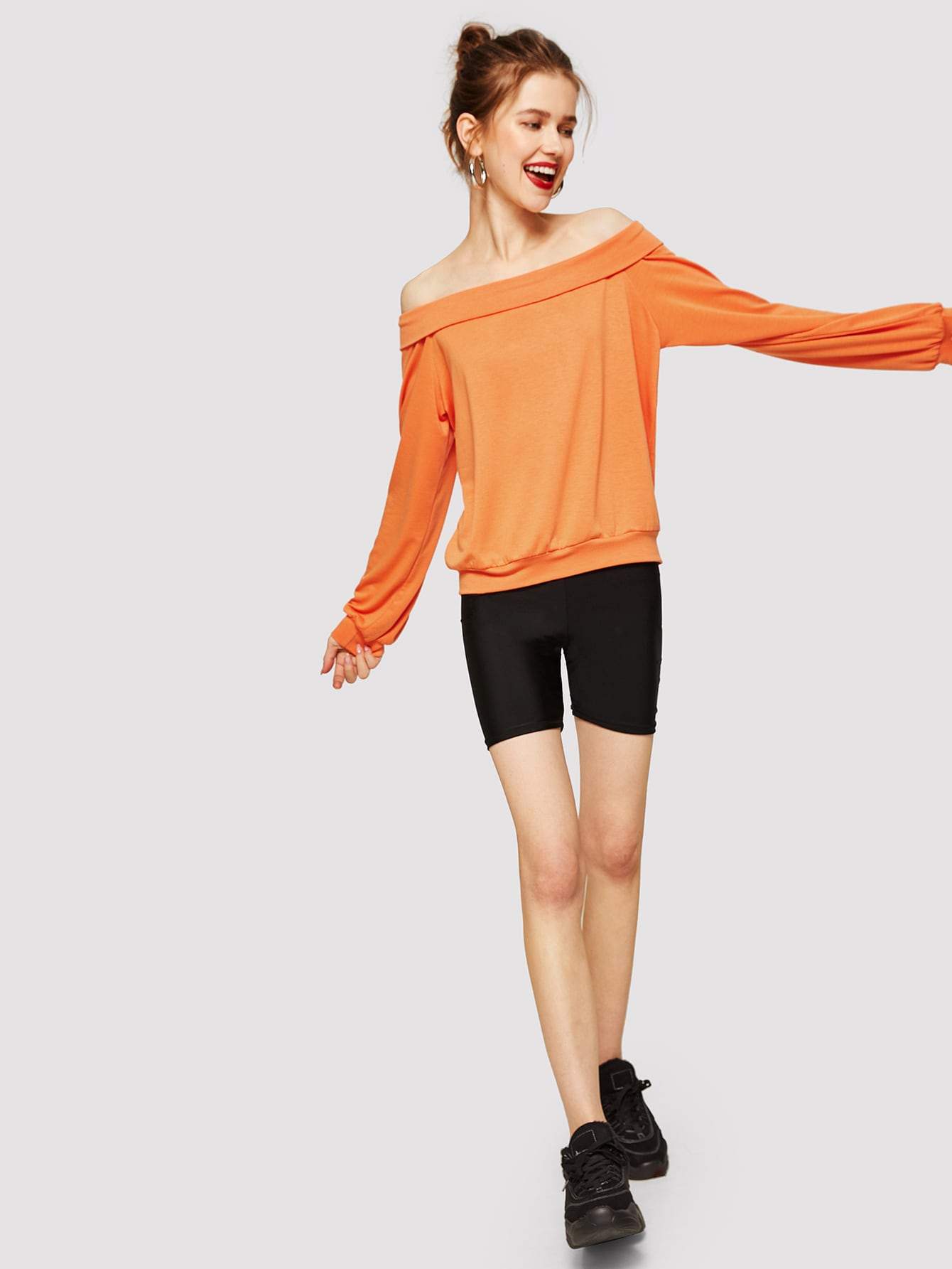 Orange Long Sleeve Off Shoulder Solid Pullover