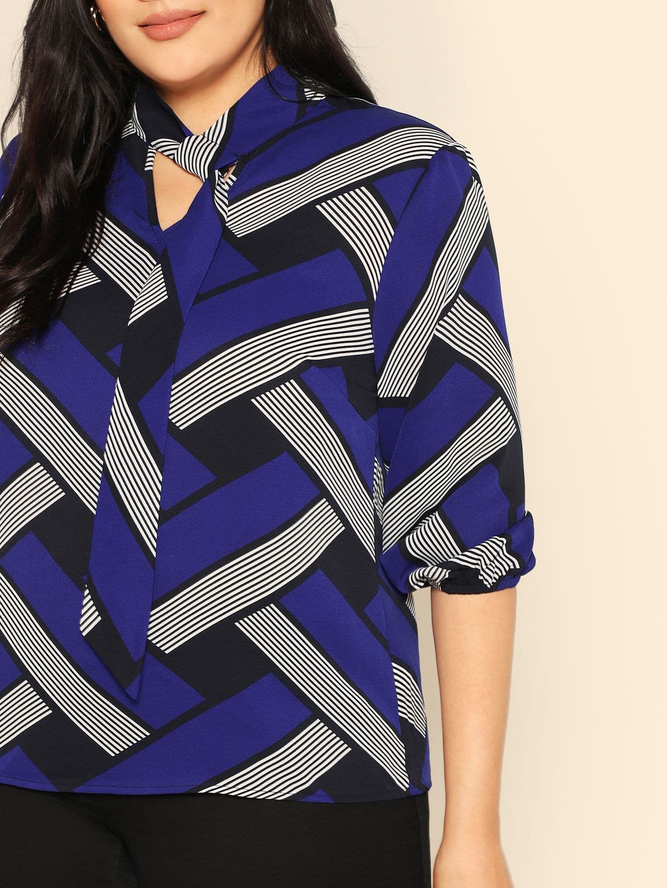 Polyester Stand Collar Plus Mixed Print Tied Neck Blouse