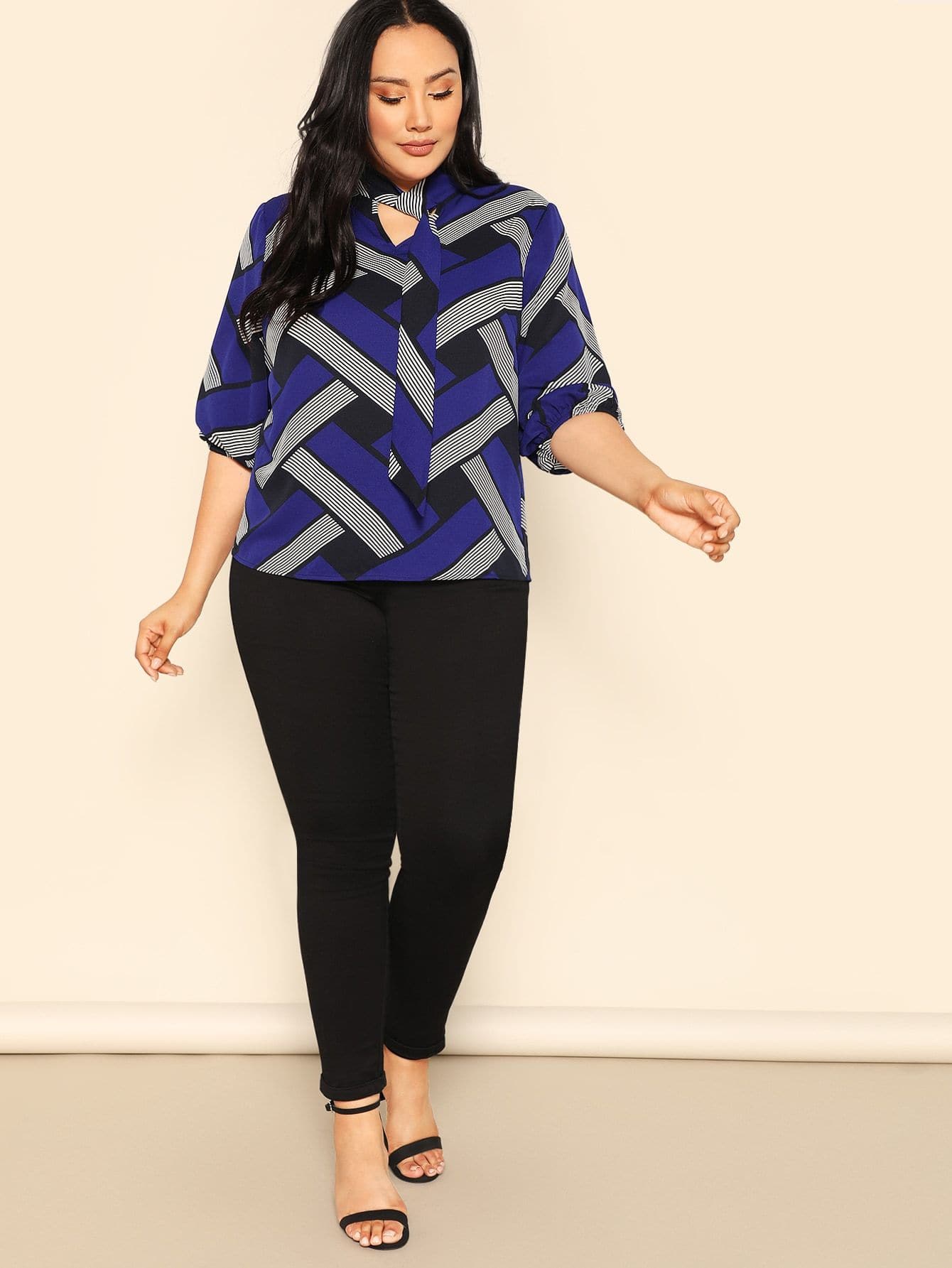 Polyester Stand Collar Plus Mixed Print Tied Neck Blouse