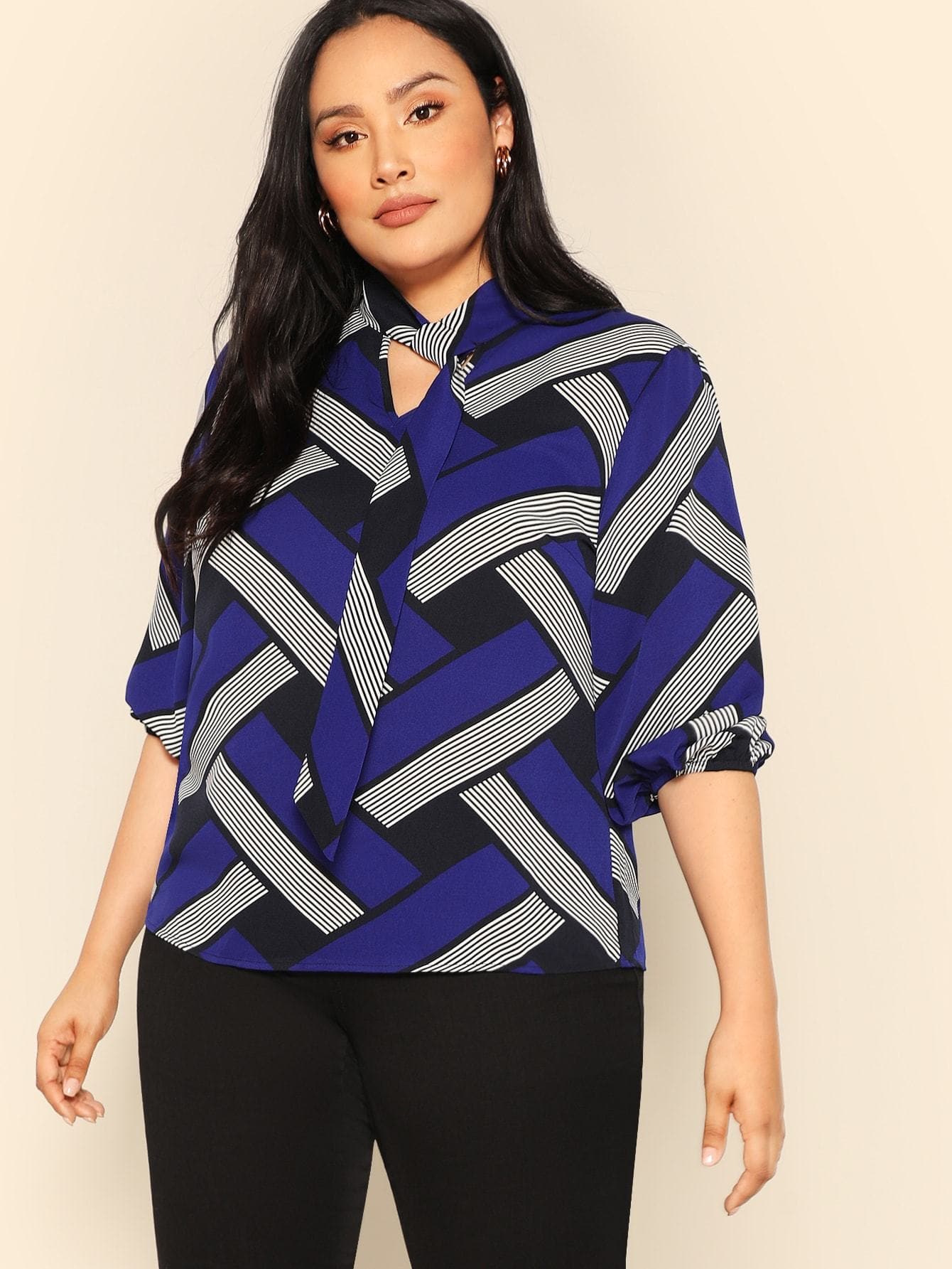 Polyester Stand Collar Plus Mixed Print Tied Neck Blouse