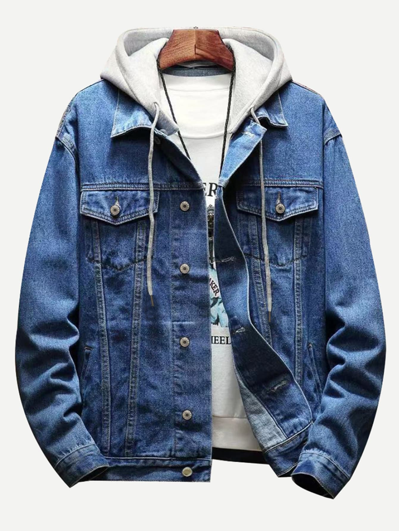 Blue Single Breasted Contrast Hooded Denim Jacket