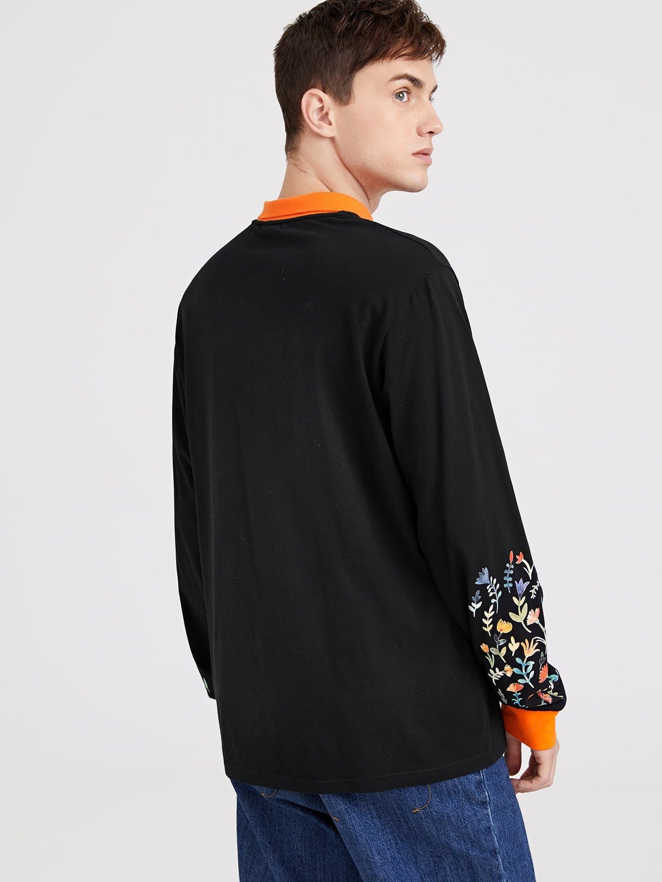 Black Flower Print Sleeve Polo Shirt