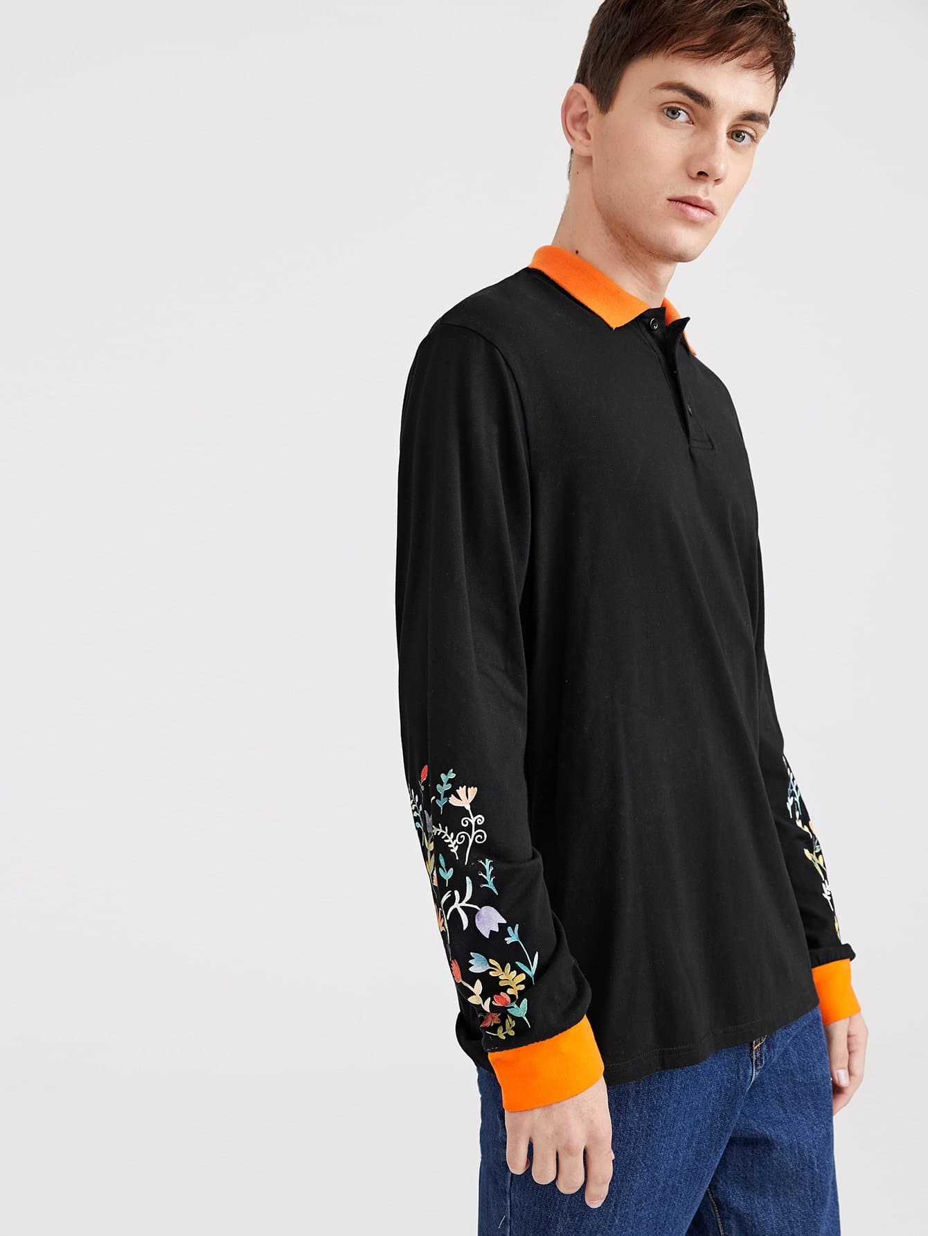 Black Flower Print Sleeve Polo Shirt